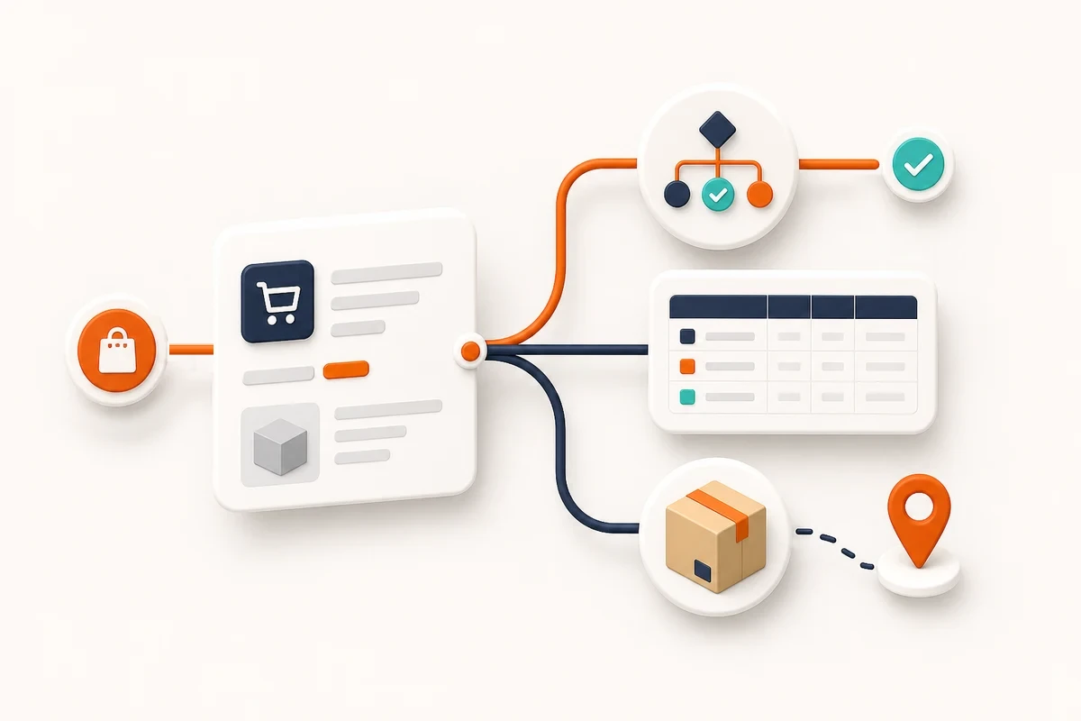 An order flowing into automation, bulk updates, and shipment tracking