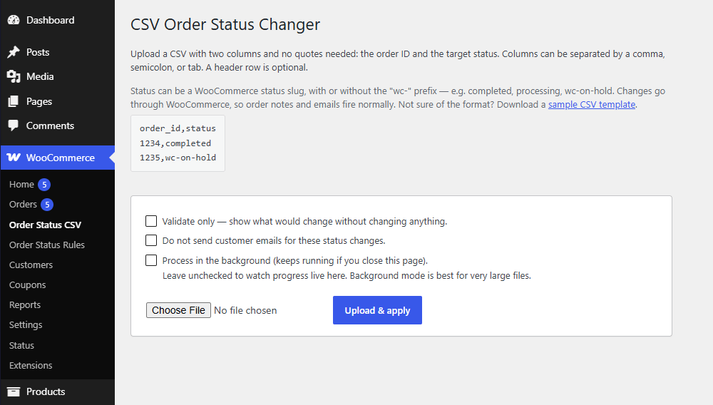 CSV Order Status Changer in the WordPress admin