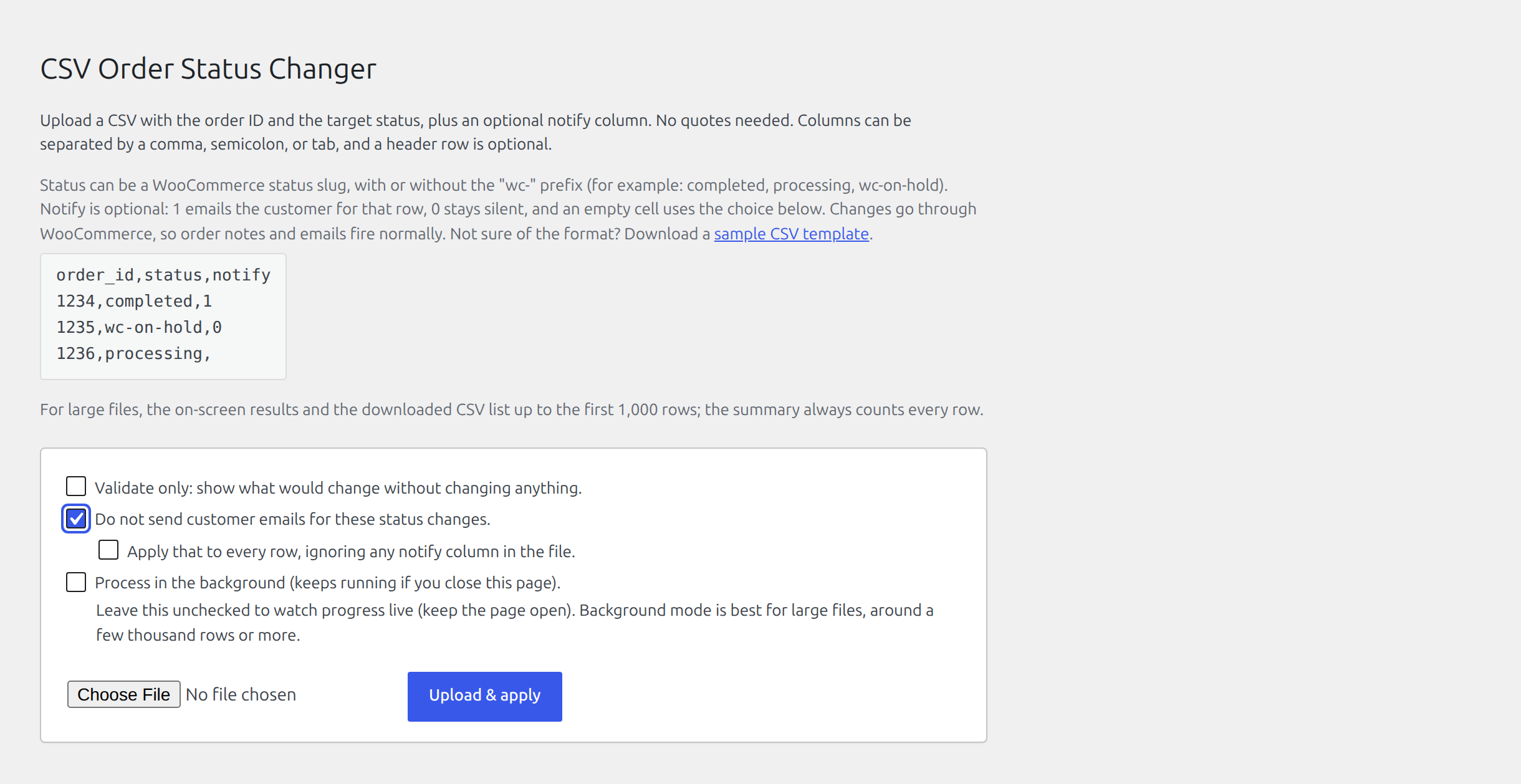 Upload options with do-not-send-customer-emails enabled and the apply-to-every-row checkbox available beneath it