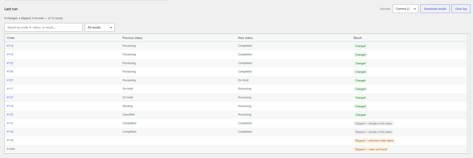 CSV Order Status Changer: A result log that answers questions