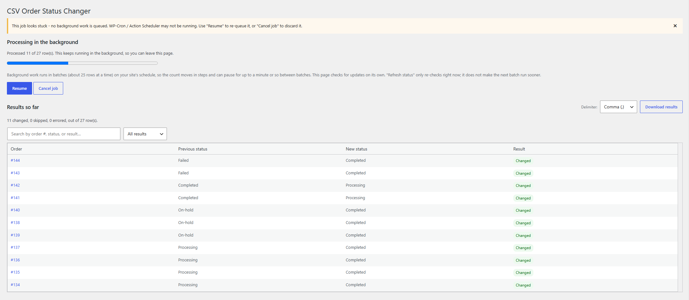 Laqi CSV Order Status Changer showing a stuck background job warning, partial progress, Resume button, and processed order results