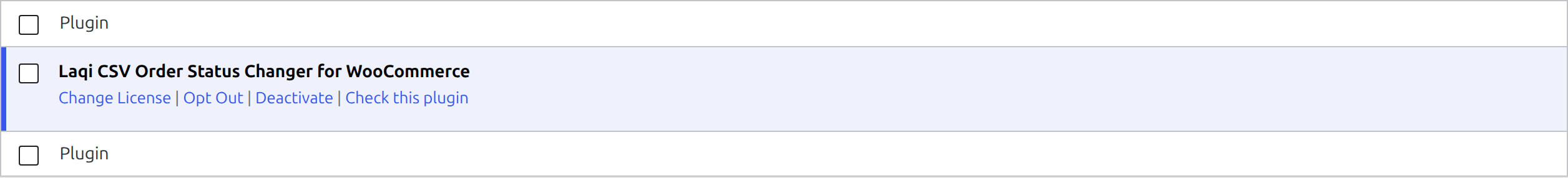 WordPress Installed Plugins table showing only Laqi CSV Order Status Changer active