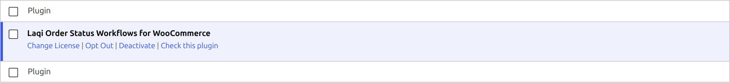 WordPress Installed Plugins table showing only Laqi Order Status Workflows active
