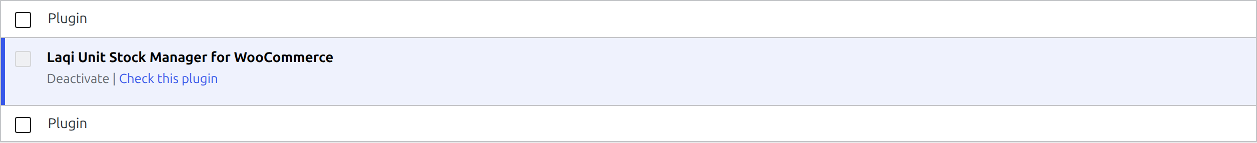 WordPress Installed Plugins table showing only Laqi Unit Stock Manager active