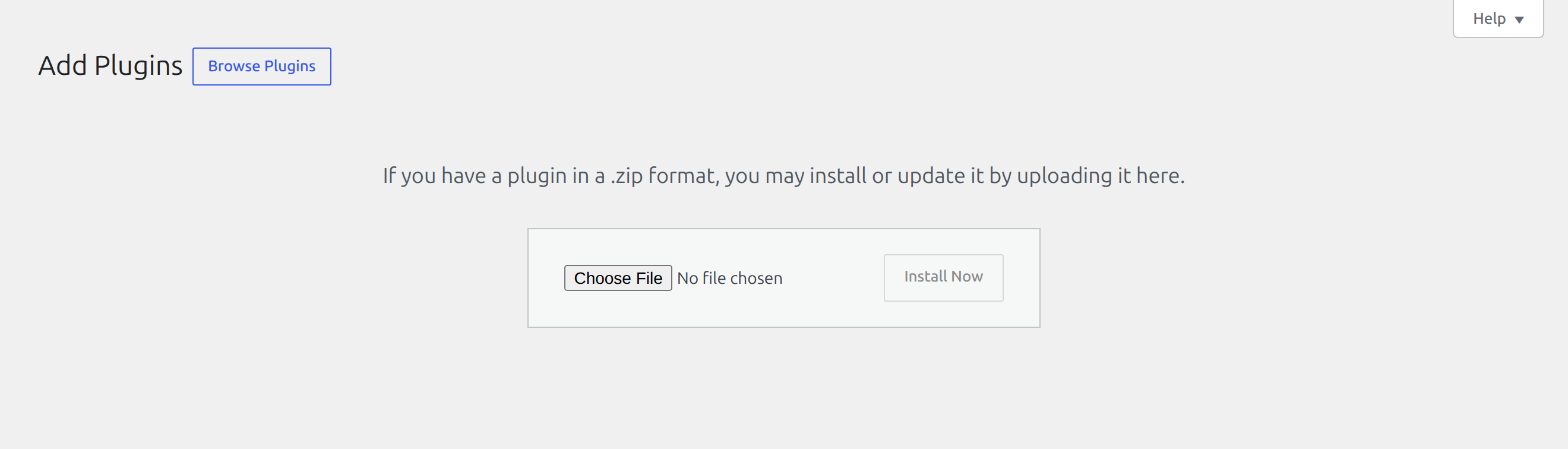 WordPress Add Plugins upload screen with the Choose File and Install Now controls