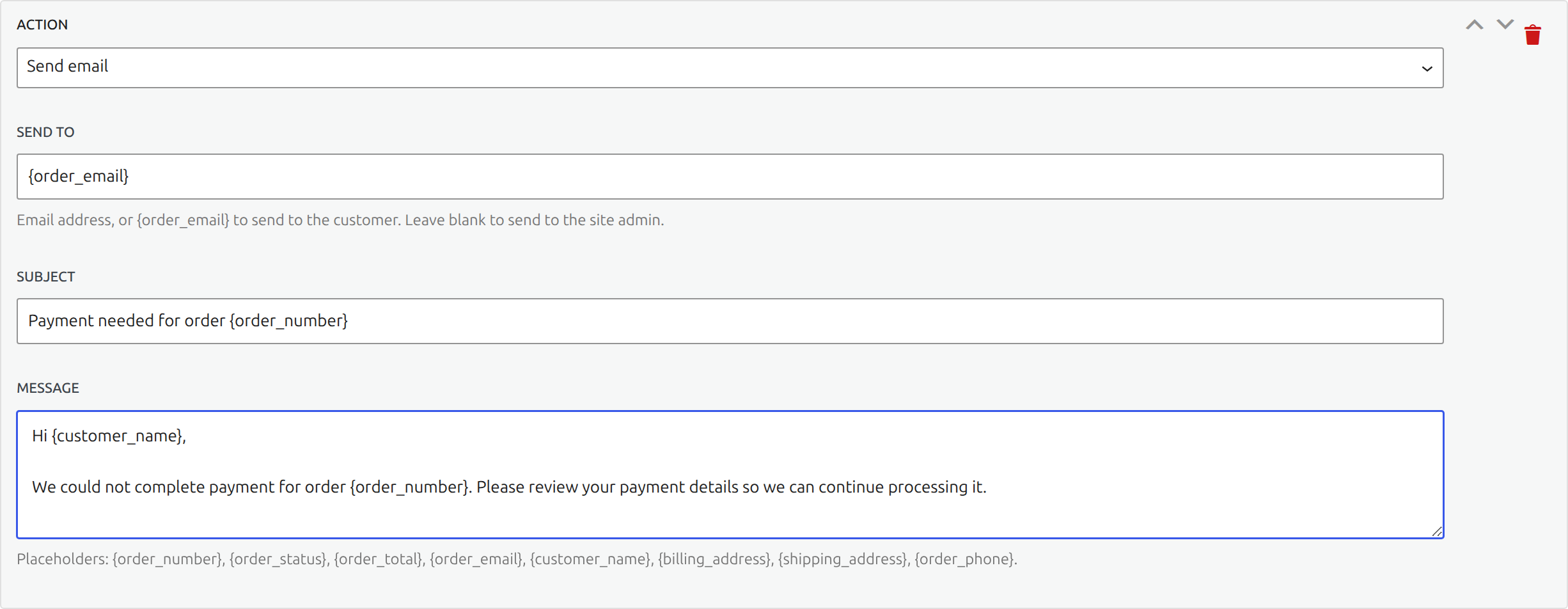 Templated email action in Laqi Order Status Workflows