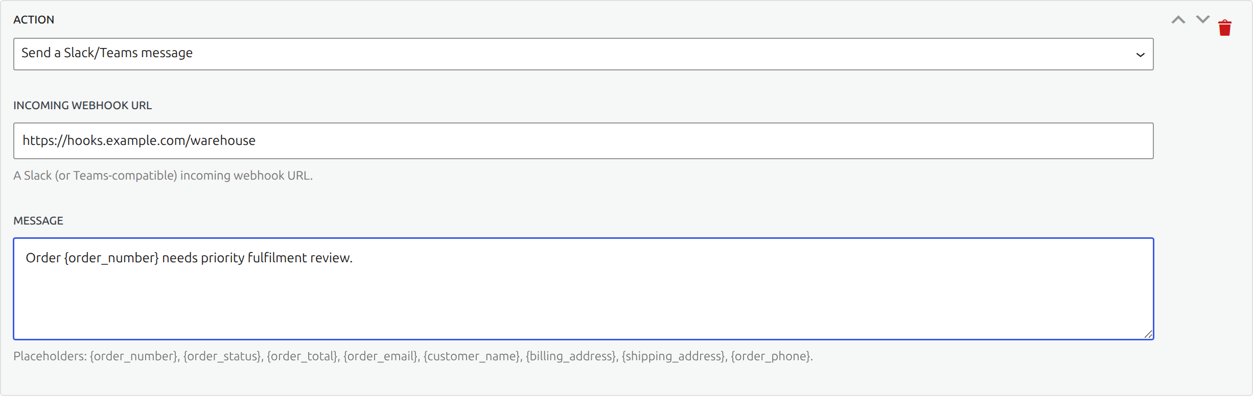 Slack or Microsoft Teams message action in Laqi Order Status Workflows