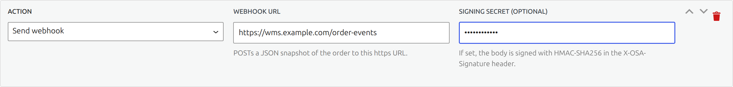 Signed webhook action in Laqi Order Status Workflows