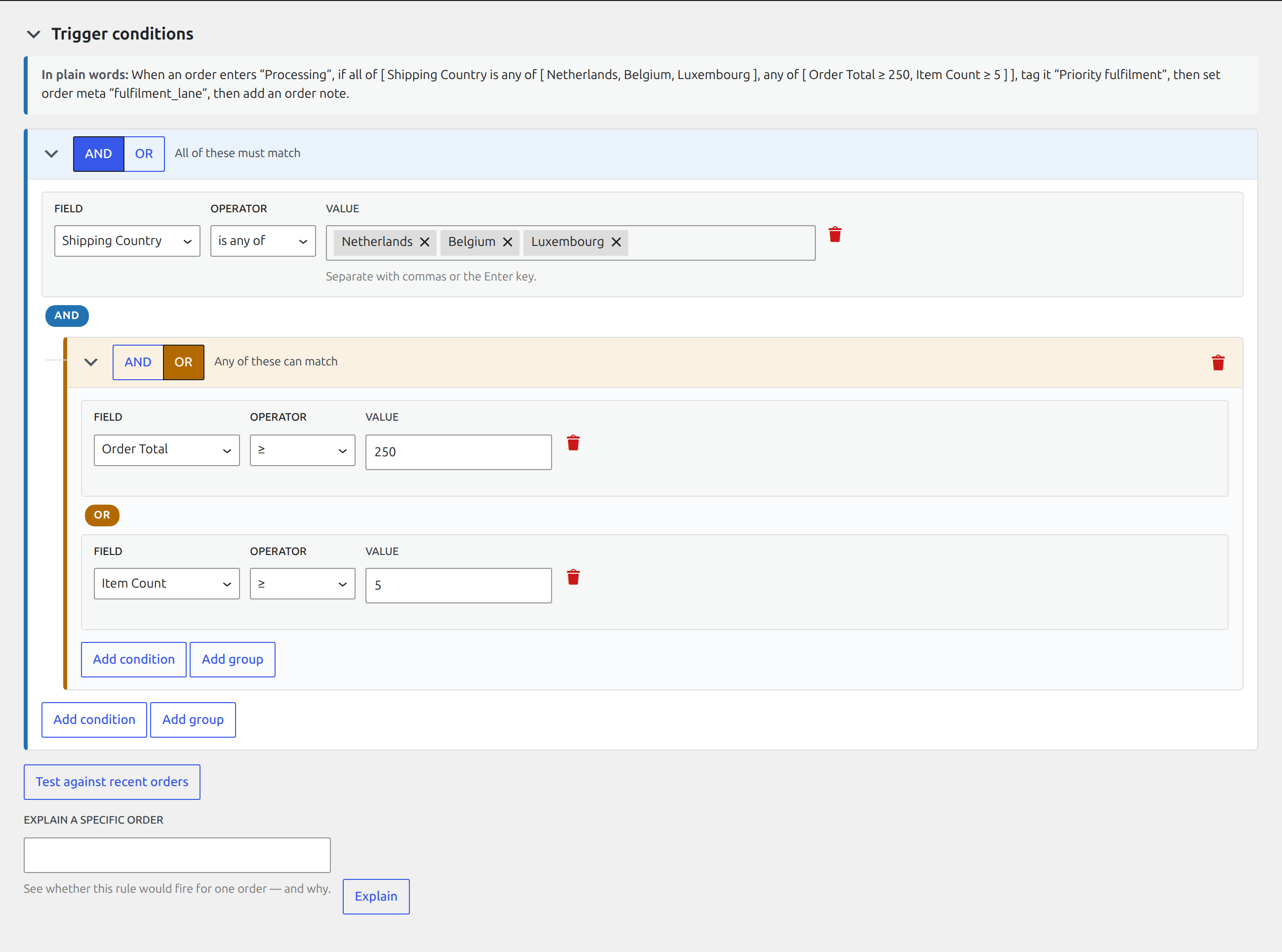 Laqi Order Status Workflows: A full-width visual rule workspace