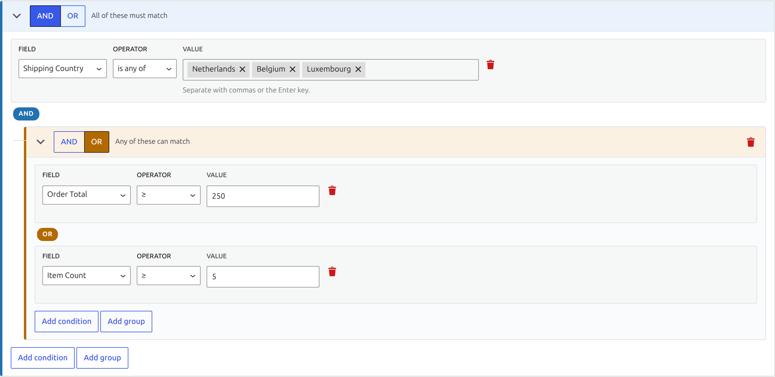 Laqi Order Status Workflows condition builder with a nested OR group inside an AND group