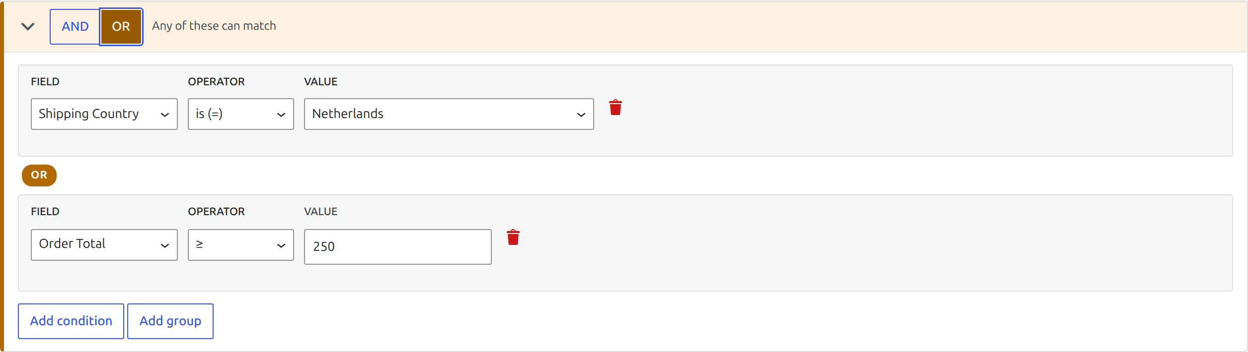 Laqi Order Status Workflows OR condition group with field, operator, and value controls