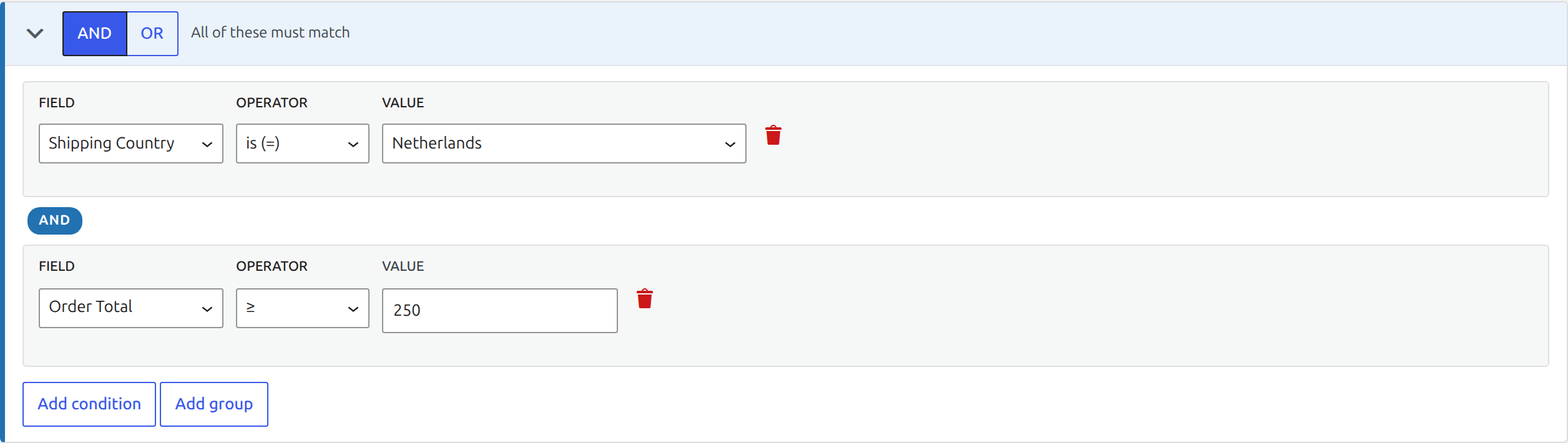 Laqi Order Status Workflows AND condition group with field, operator, and value controls
