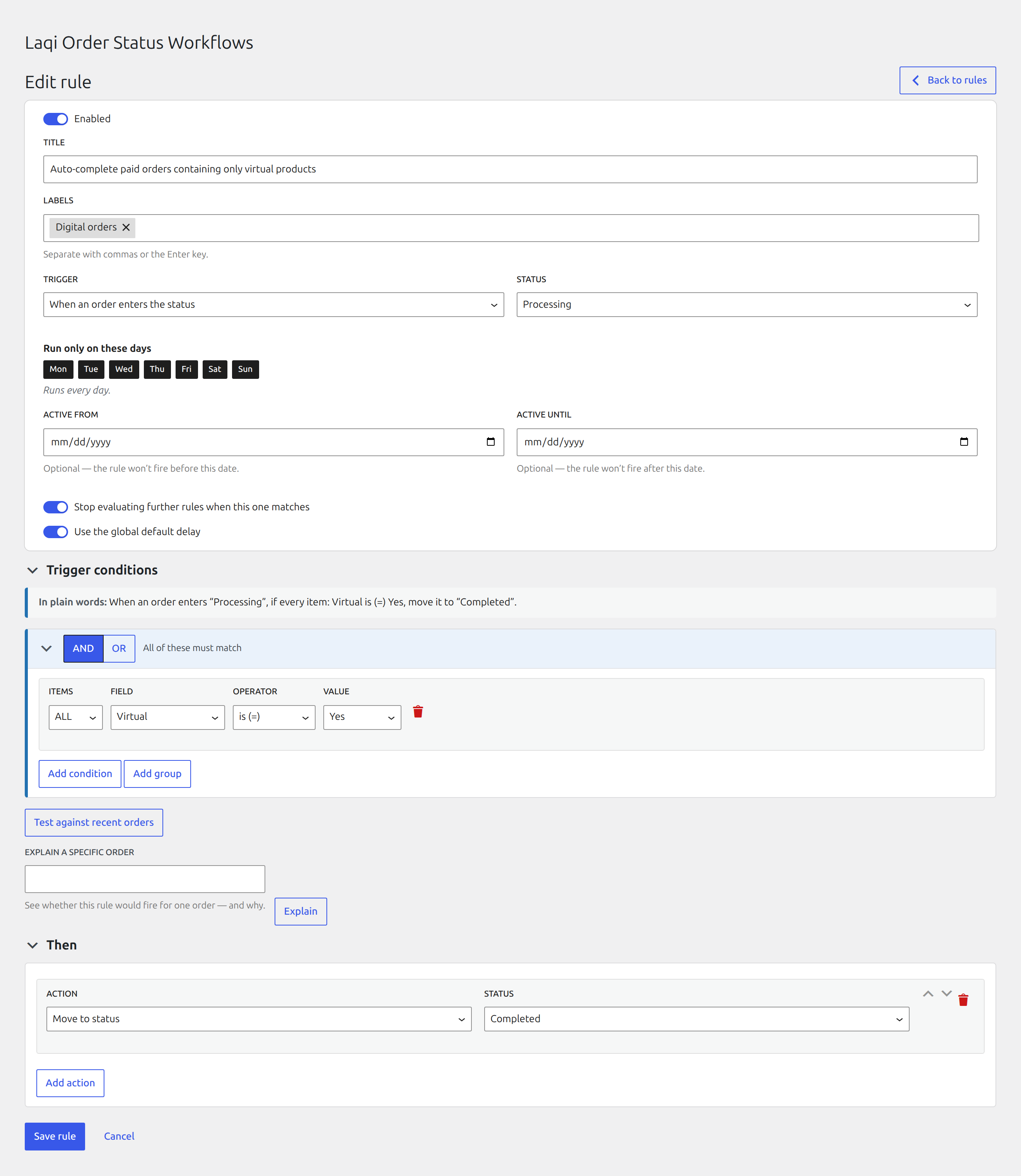 Completed virtual-only order rule with Processing trigger, all-items virtual condition, and Completed status action