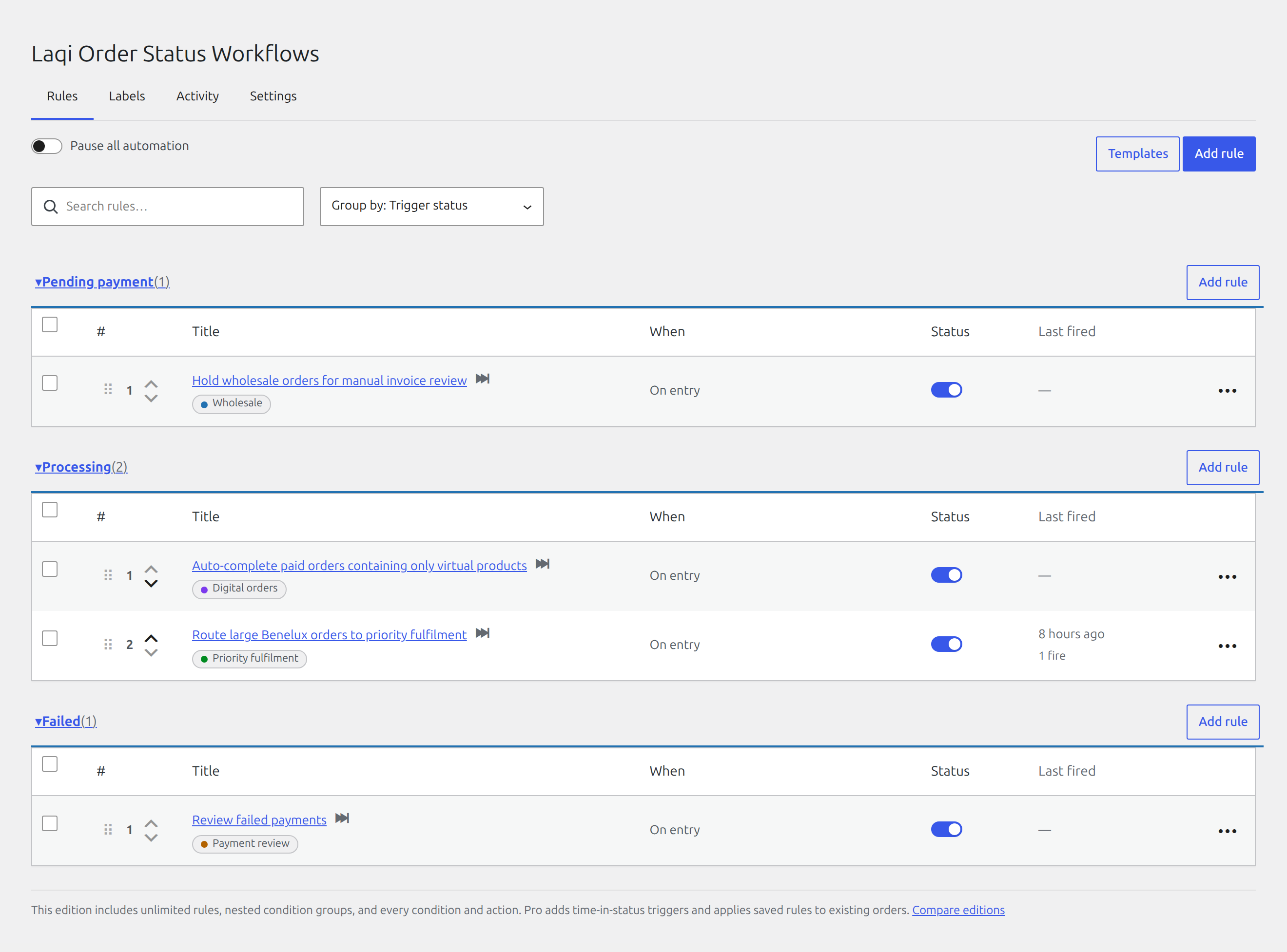 Laqi Order Status Workflows in the WordPress admin
