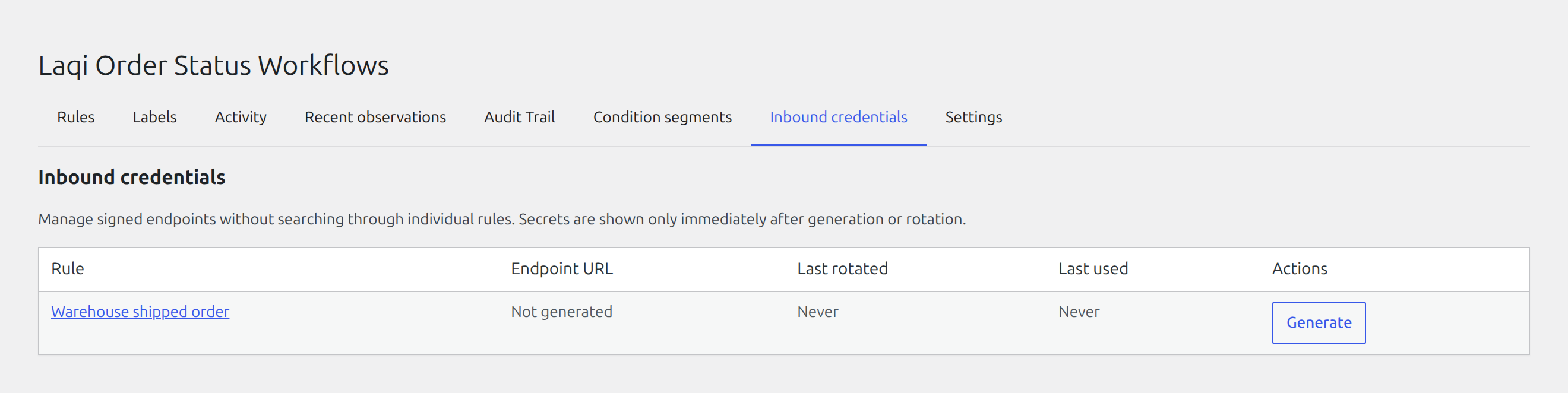 Premium inbound credential manager listing signed endpoints by rule with rotate and revoke controls