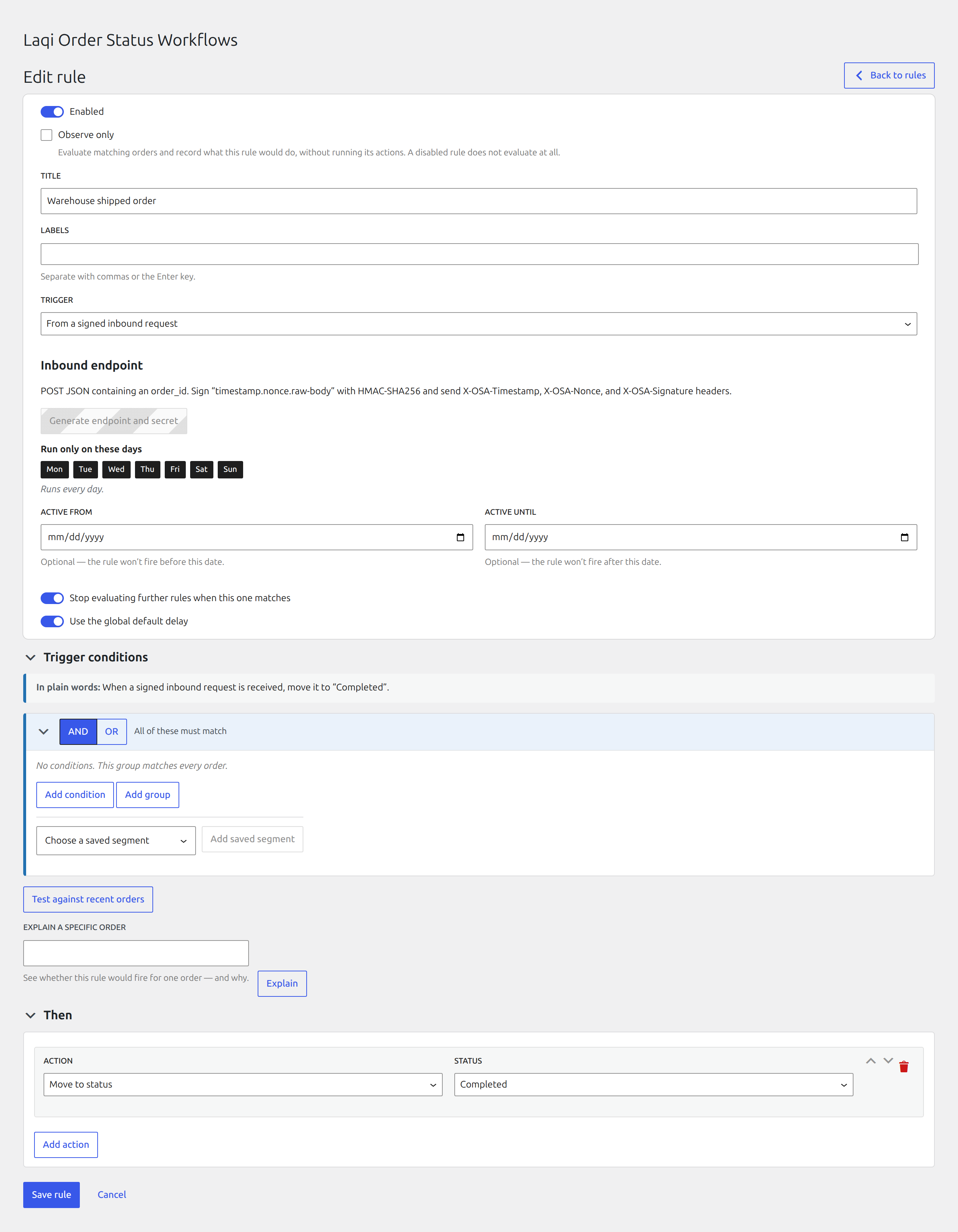Saved Premium inbound rule with its endpoint and credential-generation controls