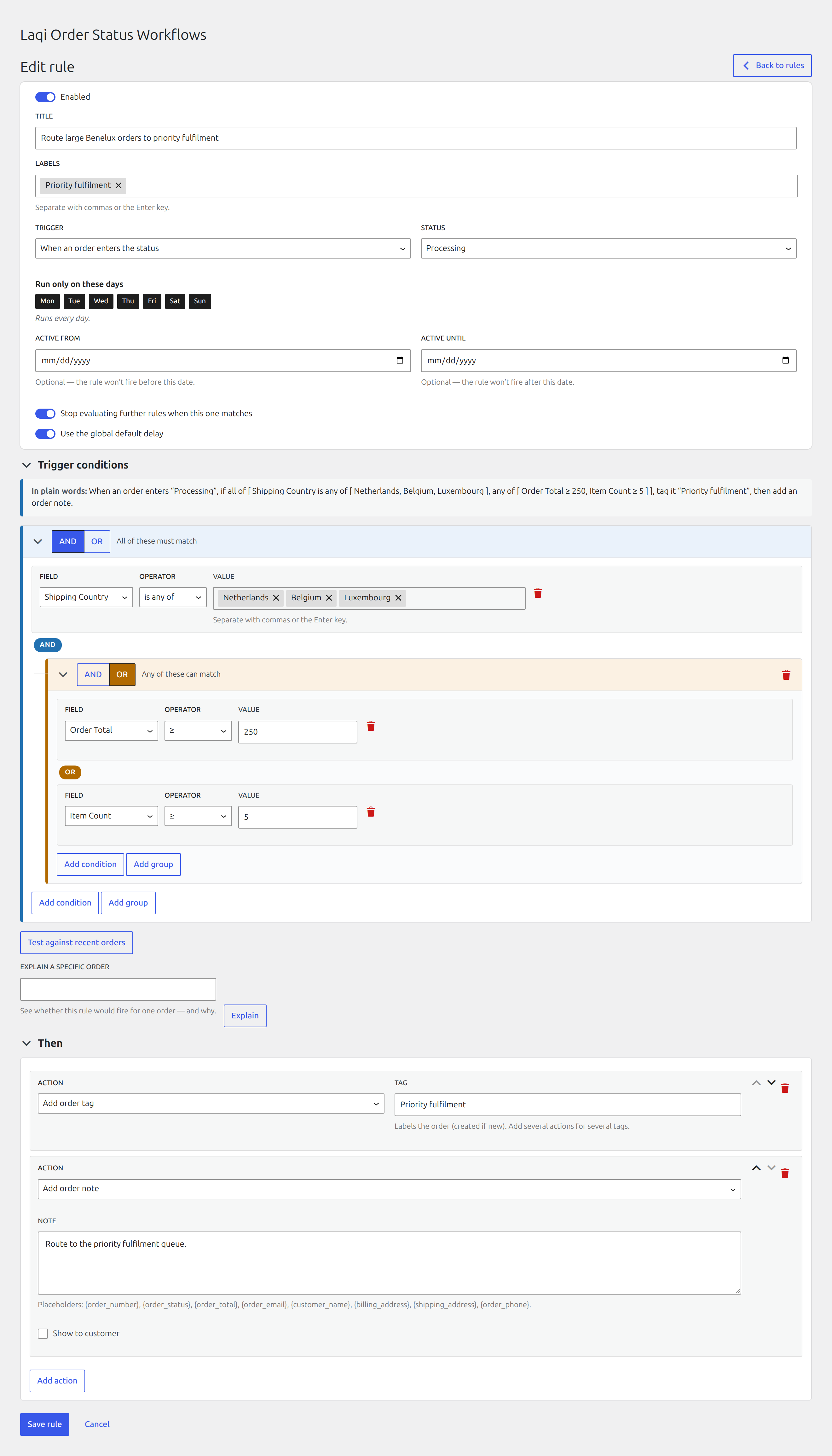 The visual rule builder with nested order conditions