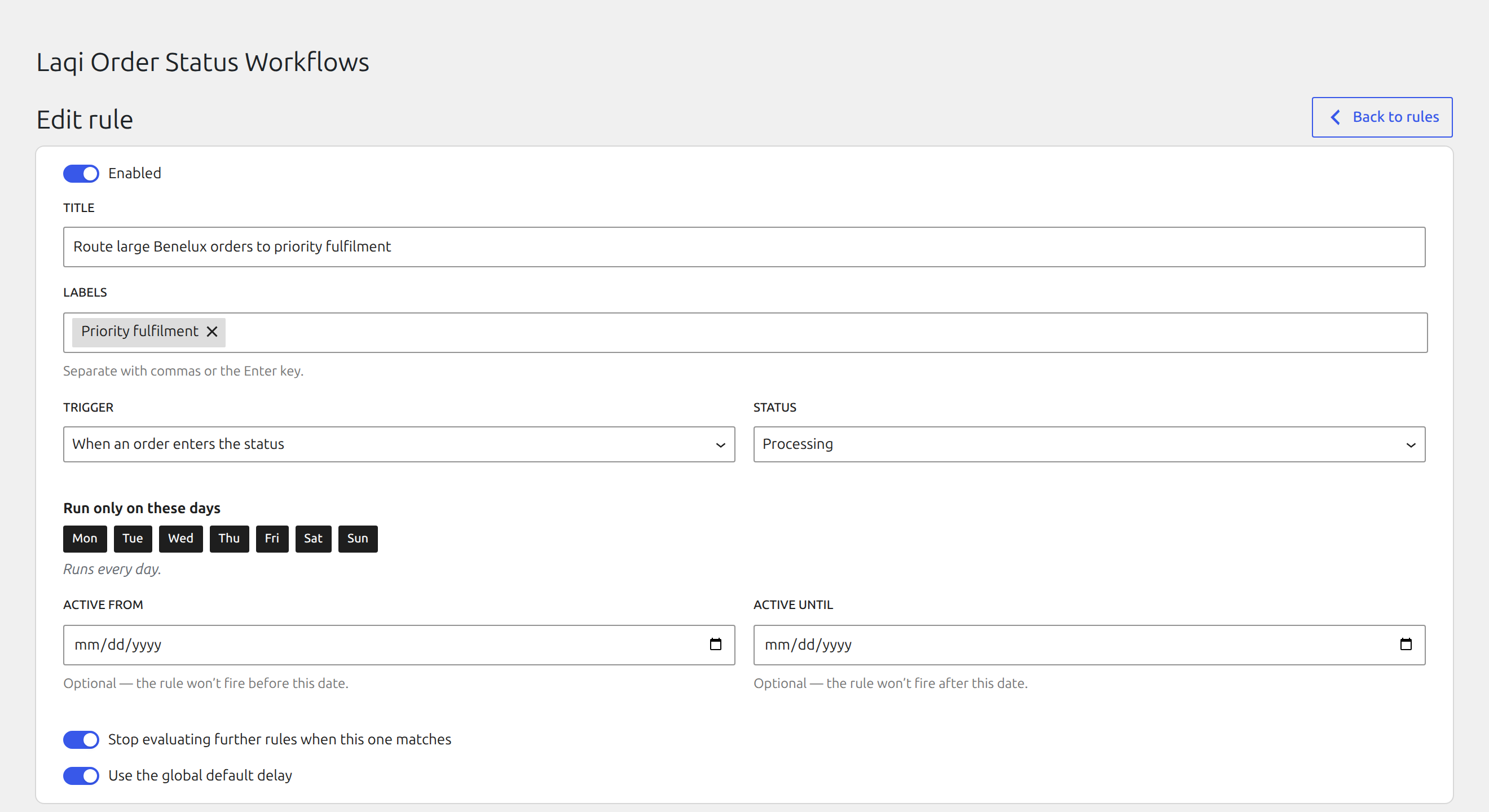 Laqi Order Status Workflows: A full-width visual rule workspace
