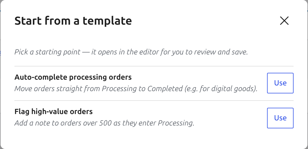 Free starter template picker with digital and high-value order automations