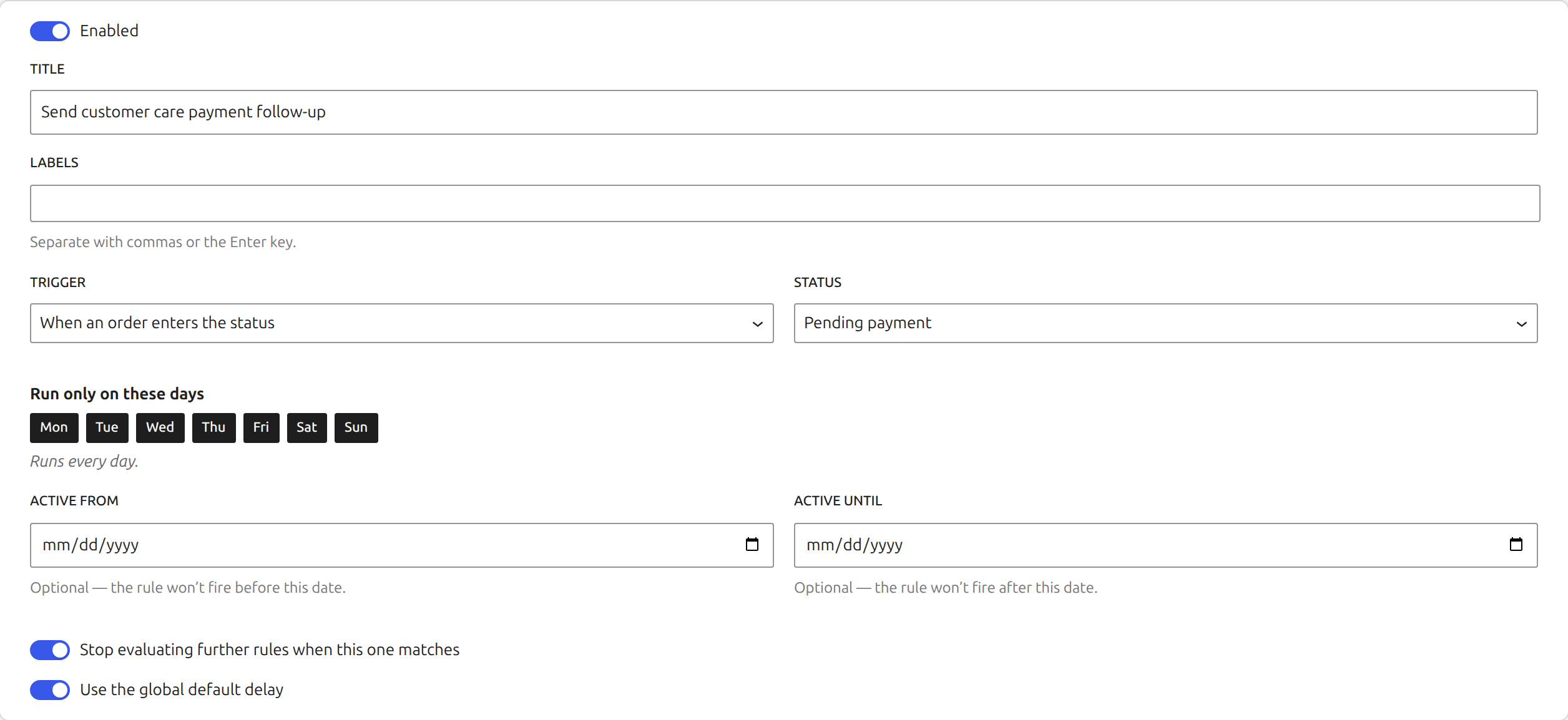 Laqi Order Status Workflows entry trigger settings