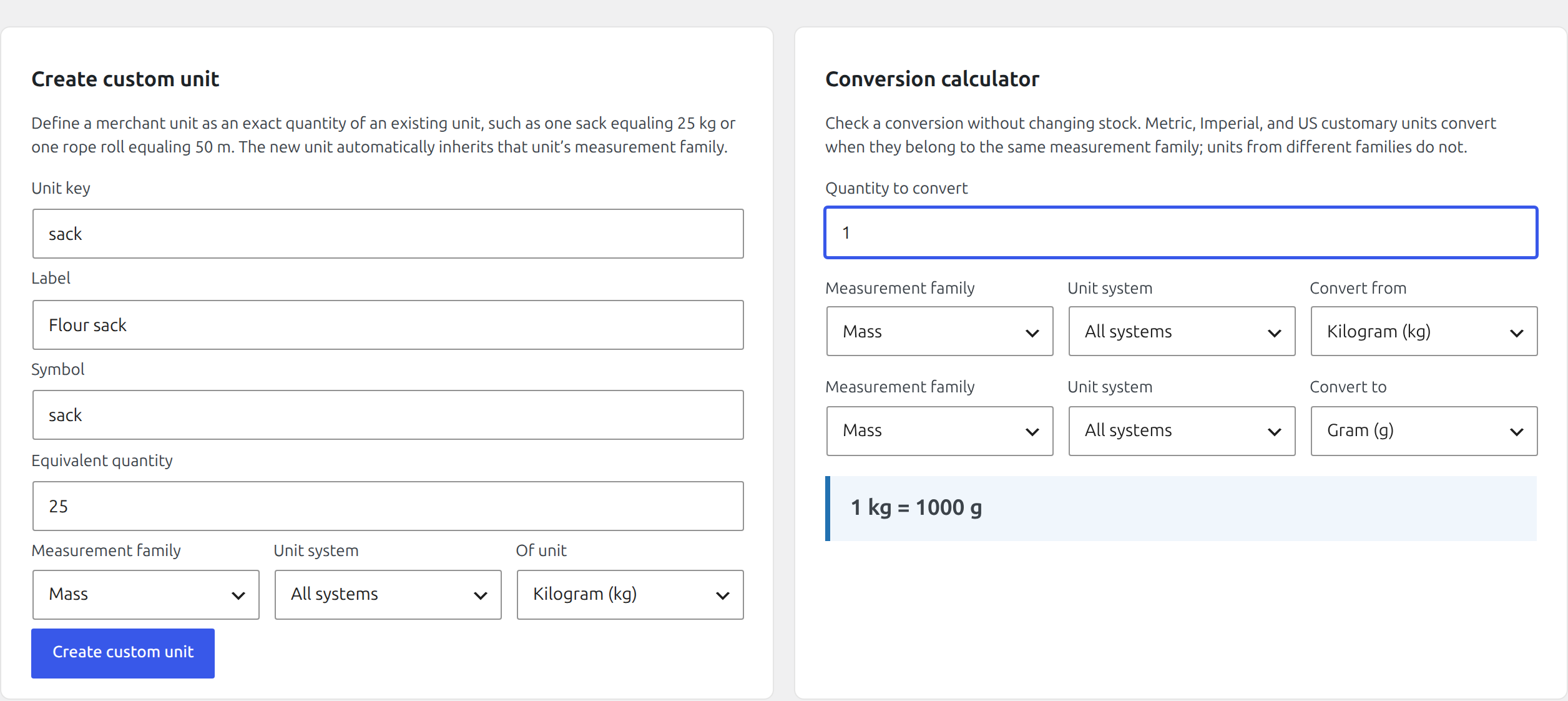 Custom unit setup showing a flour sack defined as exactly 25 kilograms
