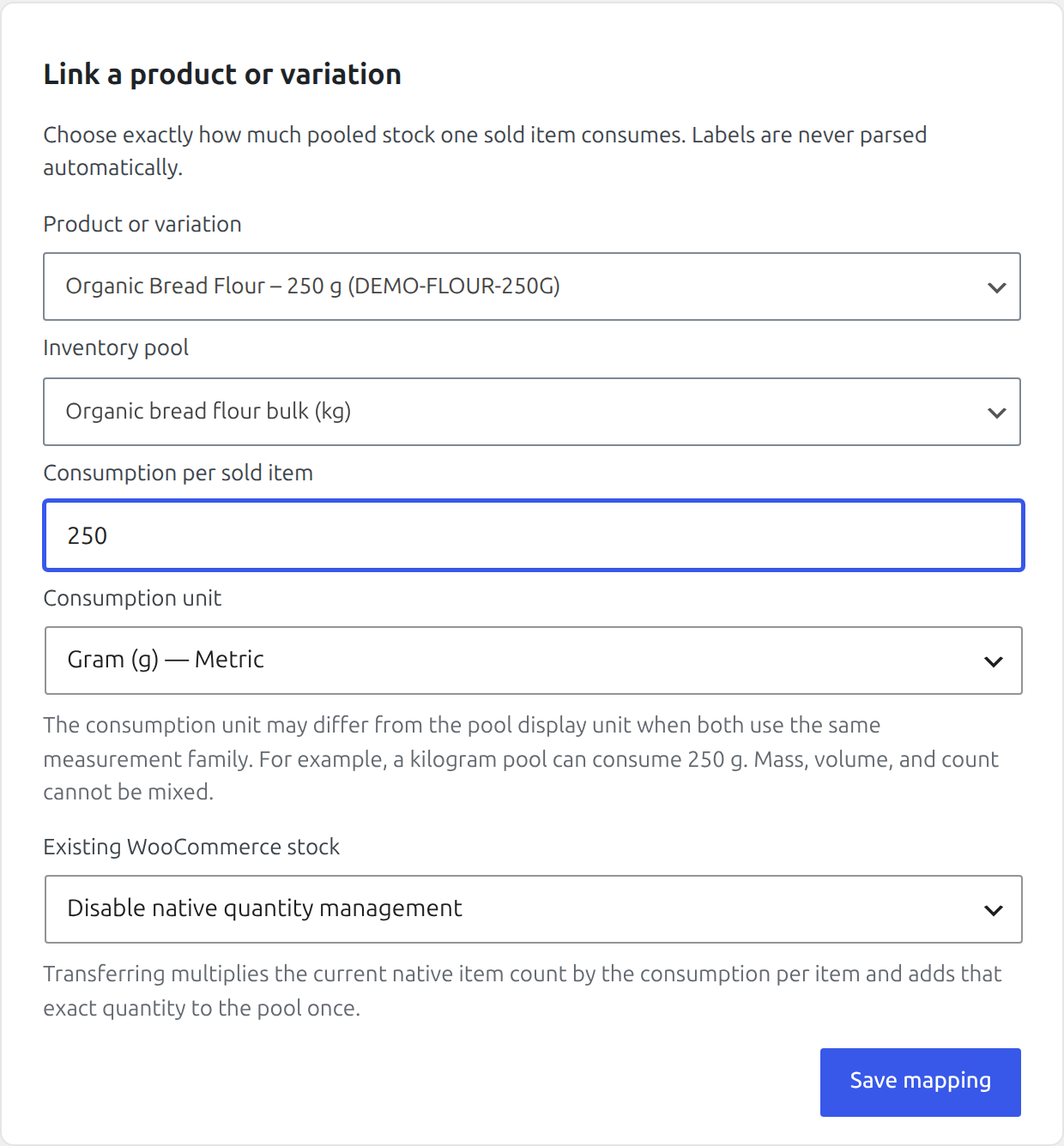 Product mapping form linking the 250 gram flour variation to the kilogram flour pool with consumption entered as 250 grams