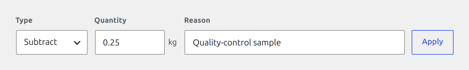Stock adjustment form filled to subtract a 0.25 kilogram quality-control sample