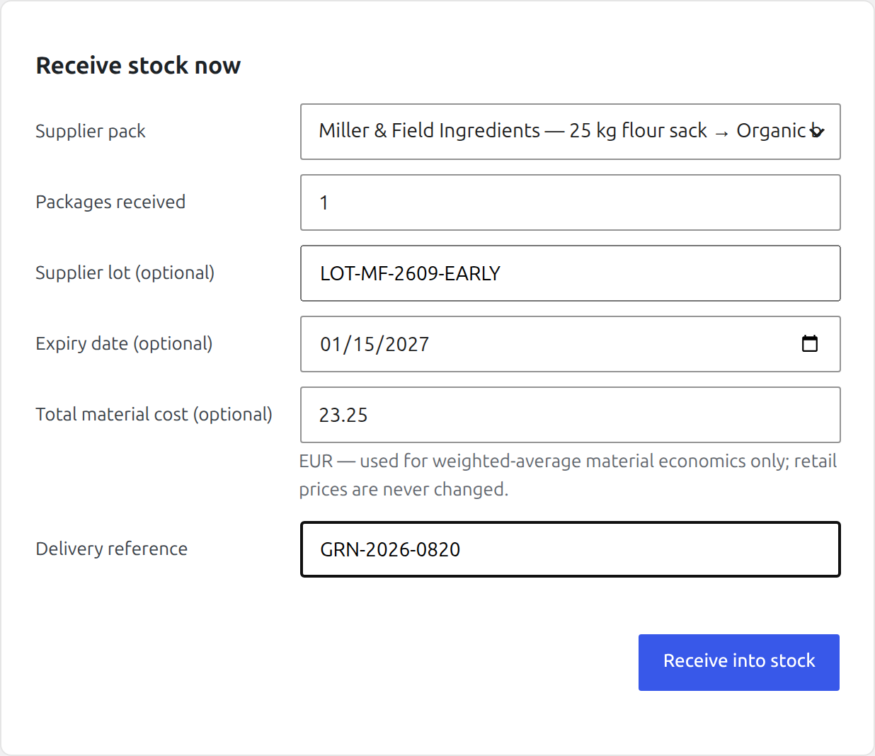Premium Receive stock form filled with the first 25 kilogram flour batch
