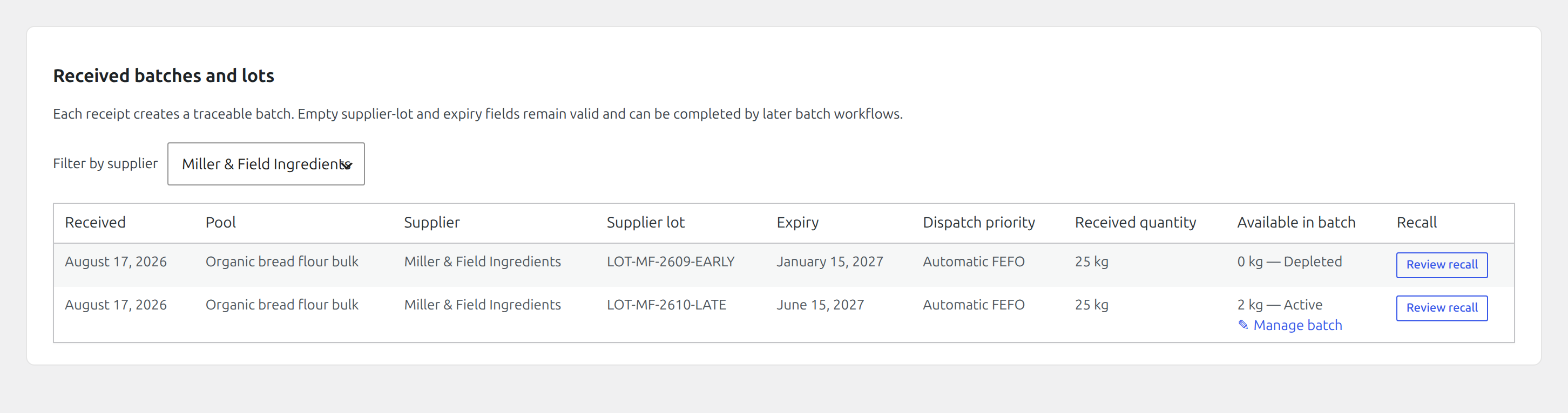 Premium batch list filtered to Miller and Field Ingredients, showing the walkthrough's two flour lots and their automatic FEFO dispatch priority