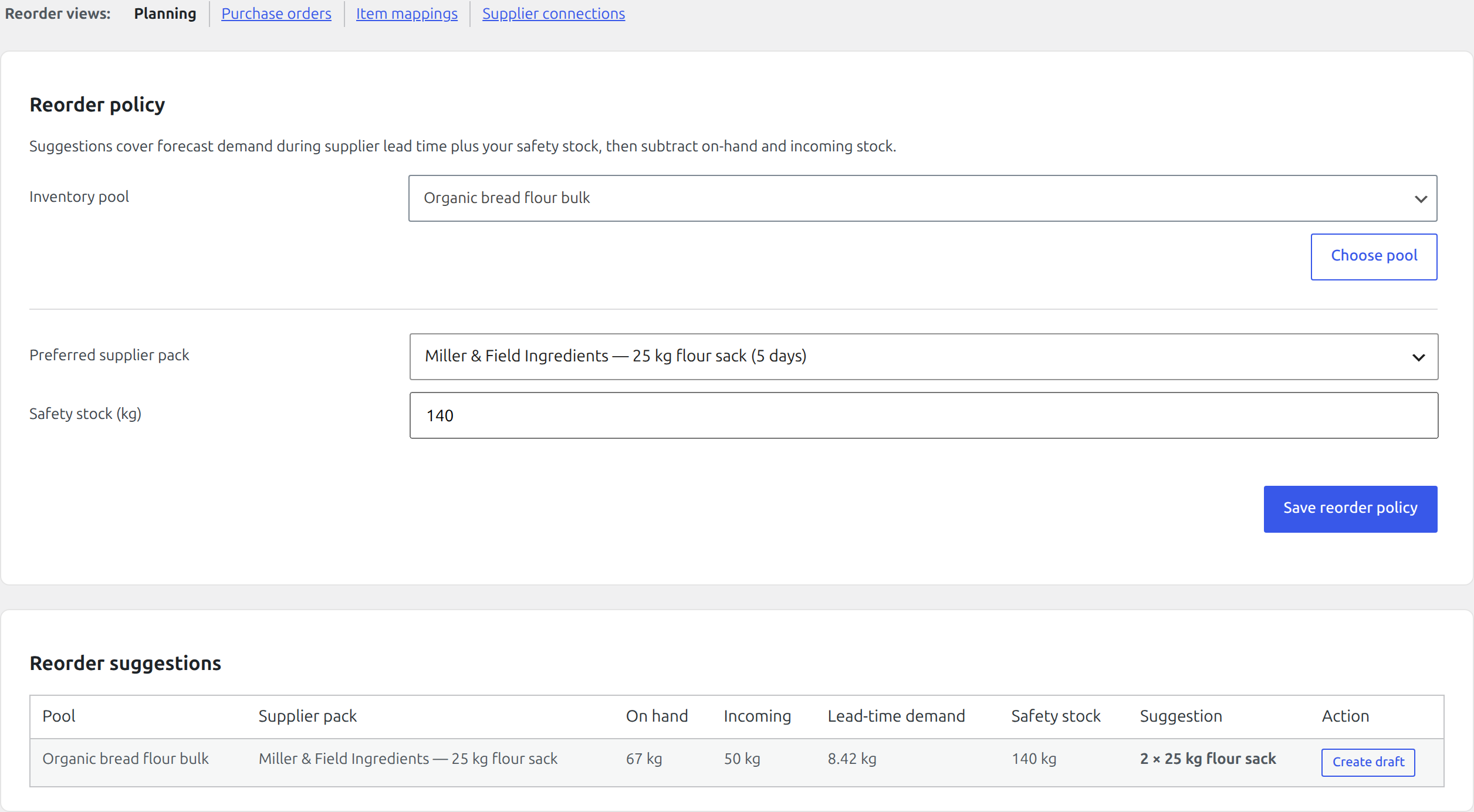 Premium reorder view showing demand, incoming stock, safety stock, and a whole-pack suggestion
