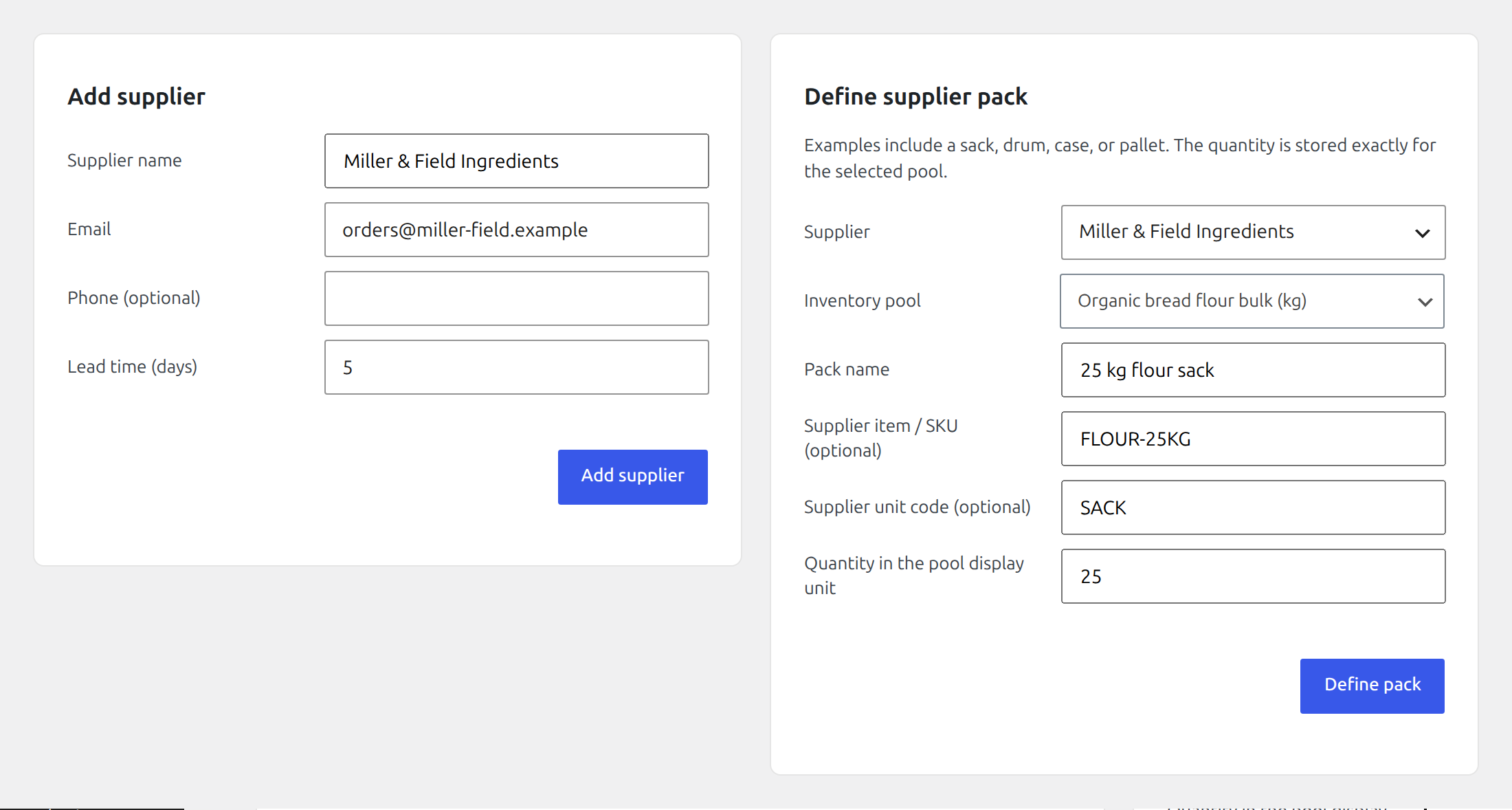 Premium Receiving settings showing configured suppliers and purchasing packs