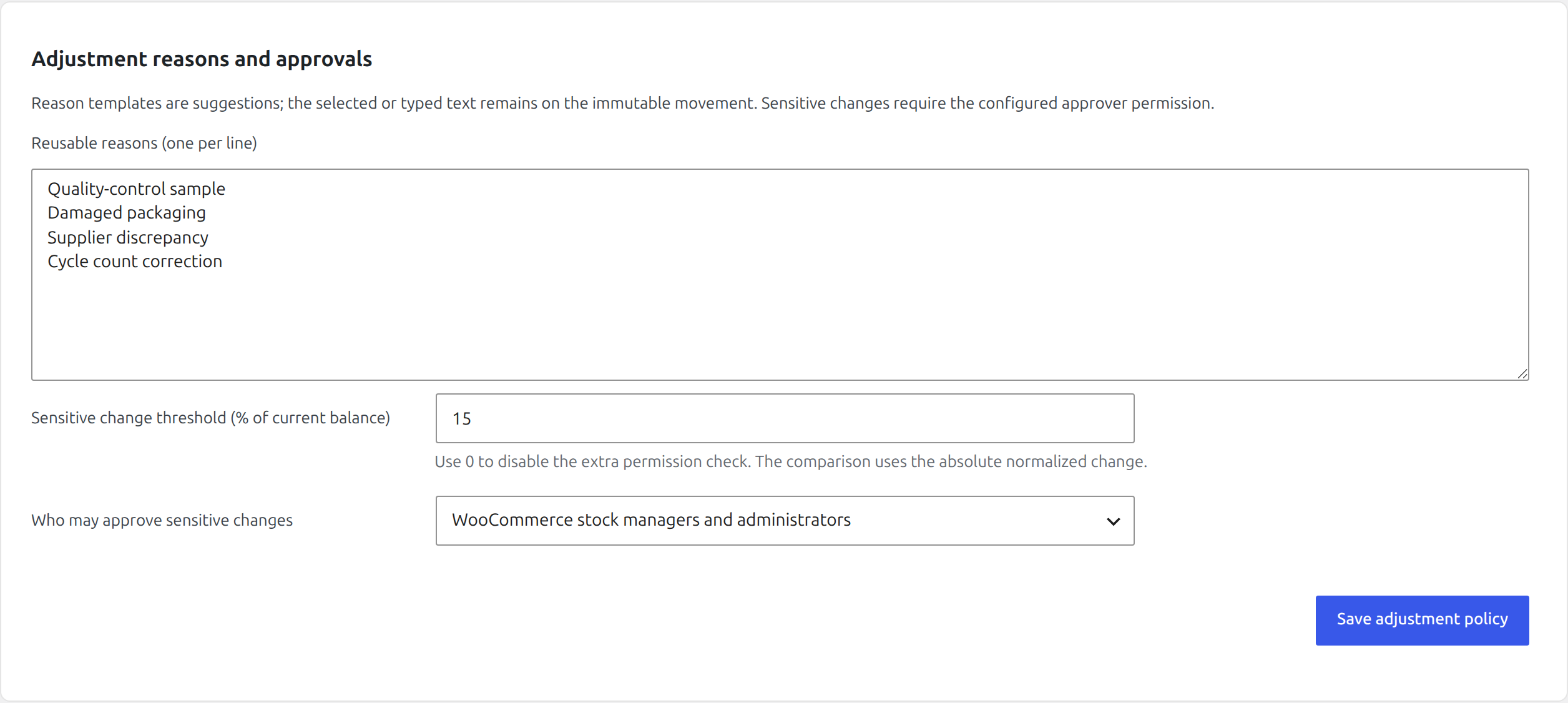 Adjustment reason and approval policy settings in Unit Stock Manager Pro