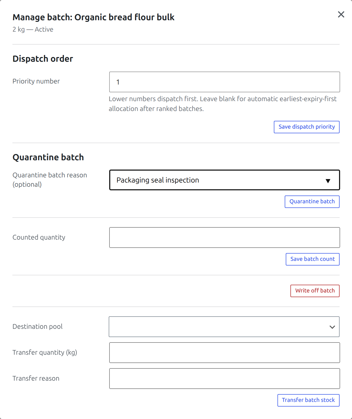 Batch manager dialog with dispatch priority, quarantine, count, write-off, and transfer controls