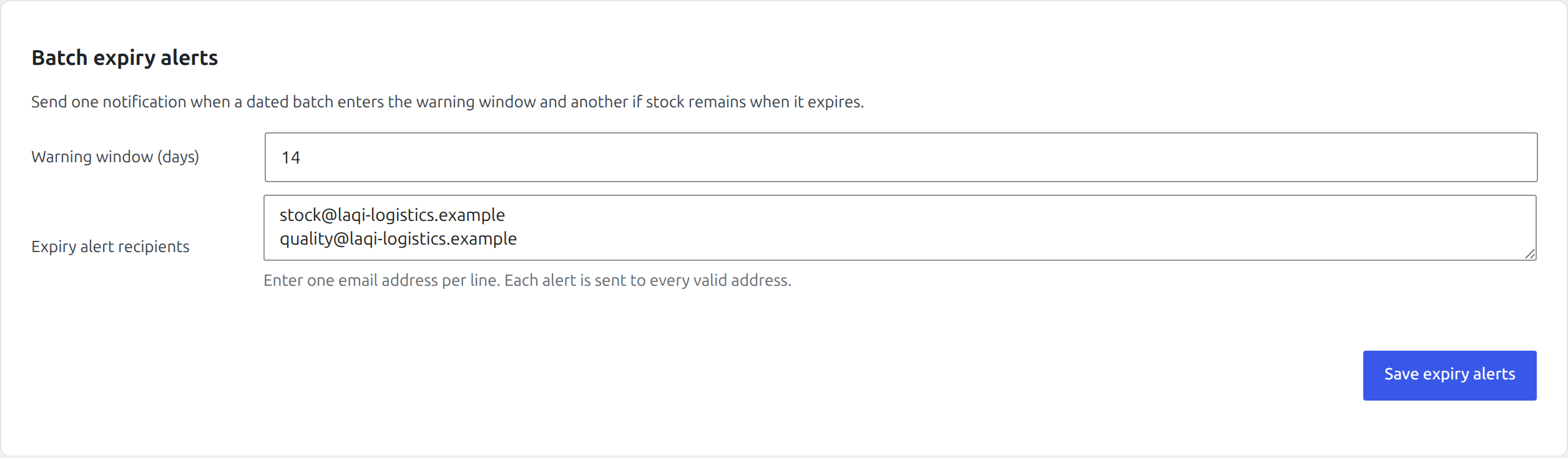 Batch expiry alert settings with two notification recipients