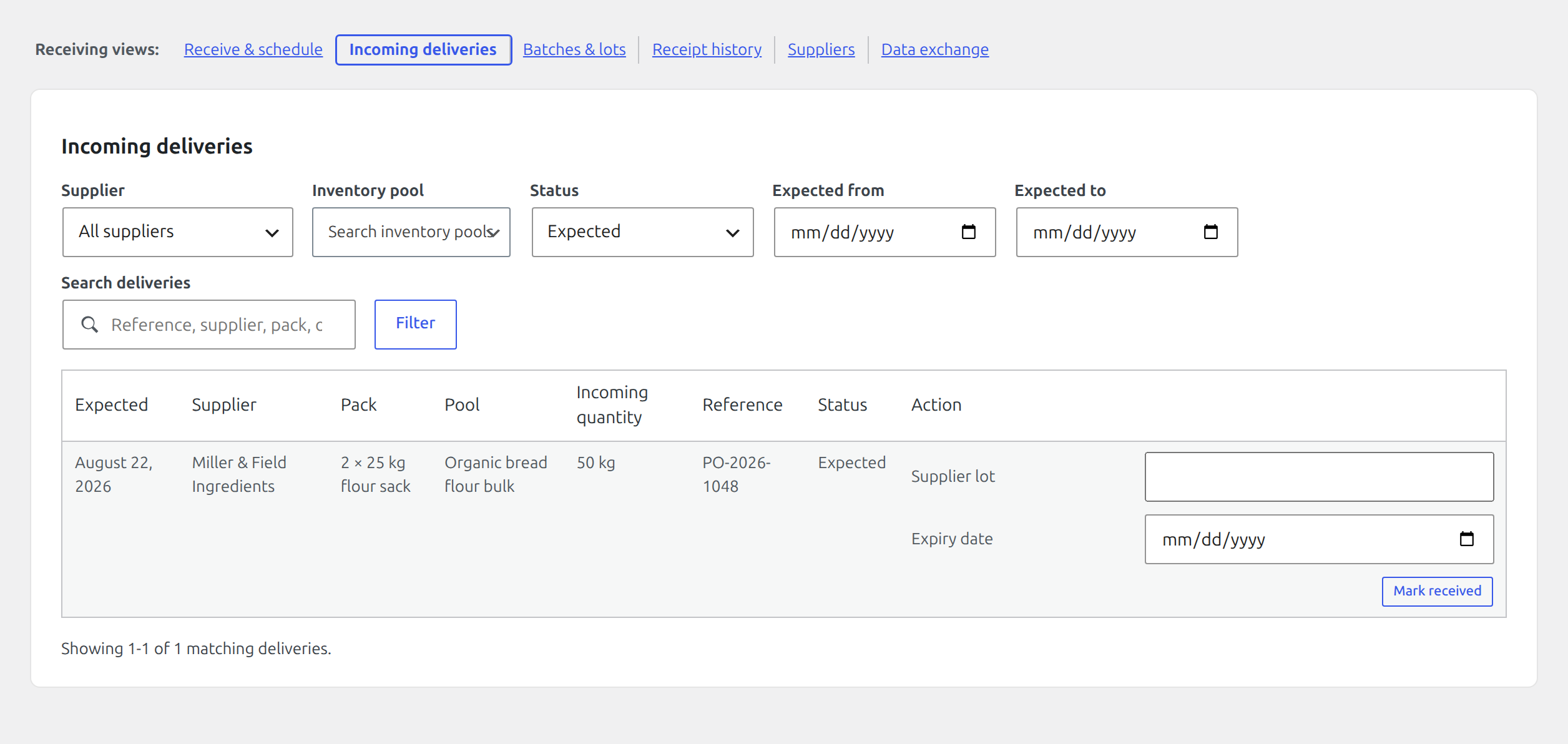 Incoming inventory deliveries table