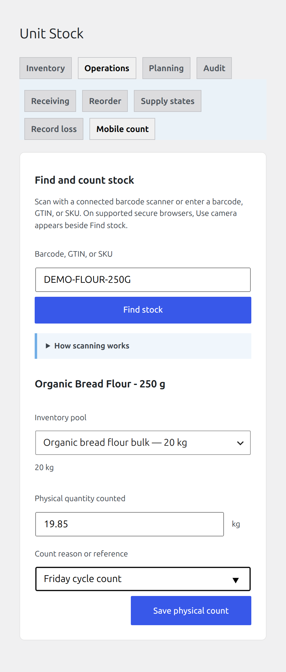 Mobile stock count workflow populated from a product SKU