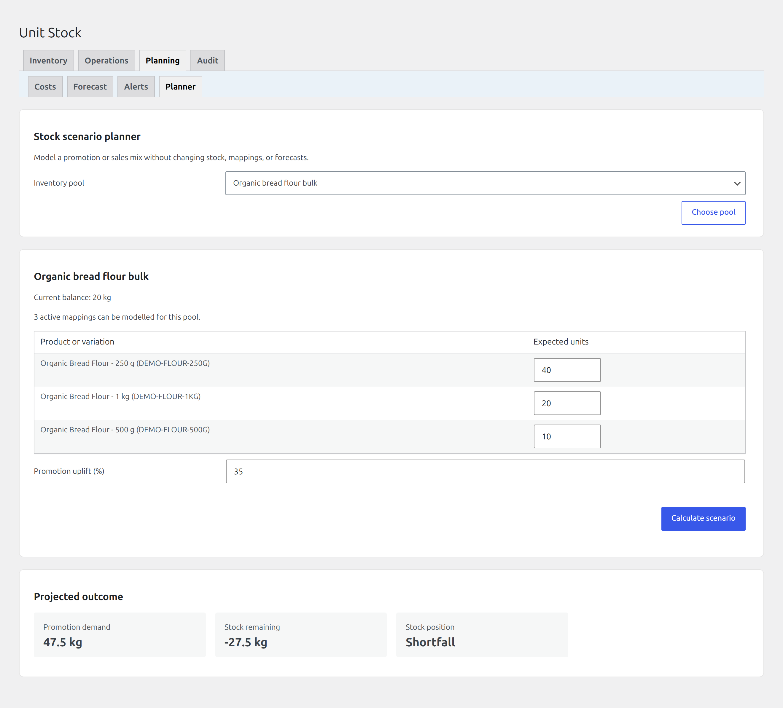 Stock scenario planner with product quantities and projected outcome