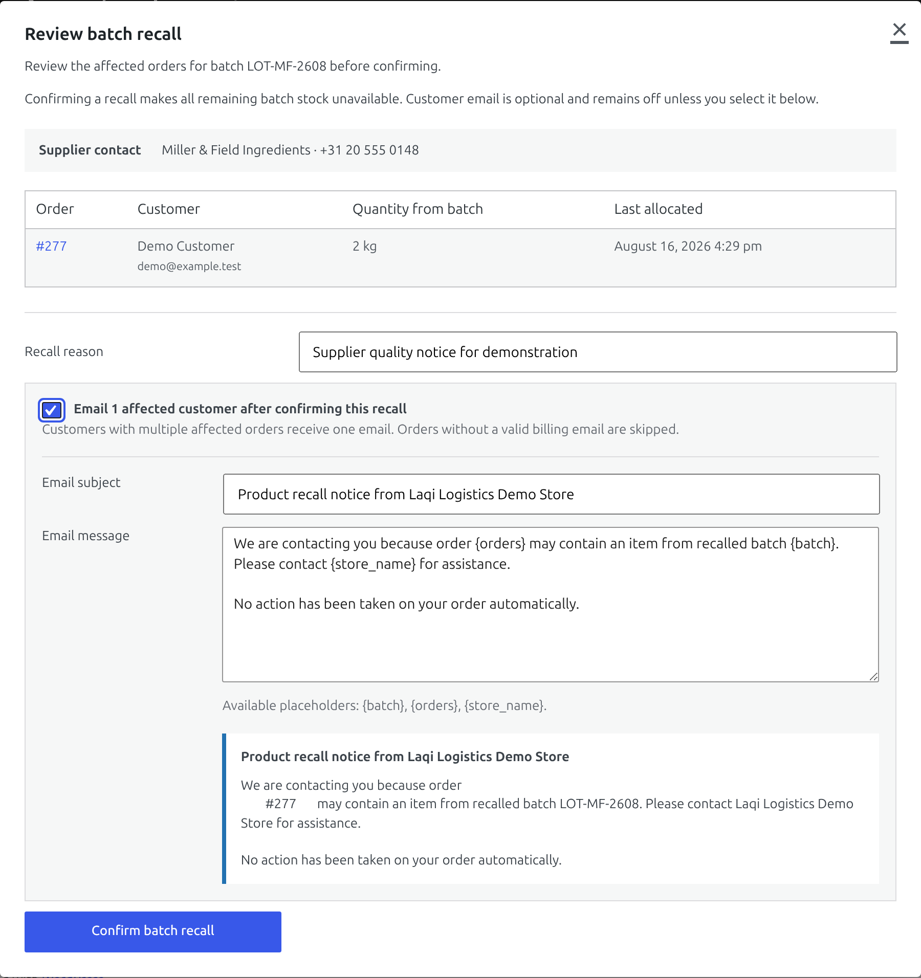 Batch recall review dialog with impact summary and optional customer notification preview