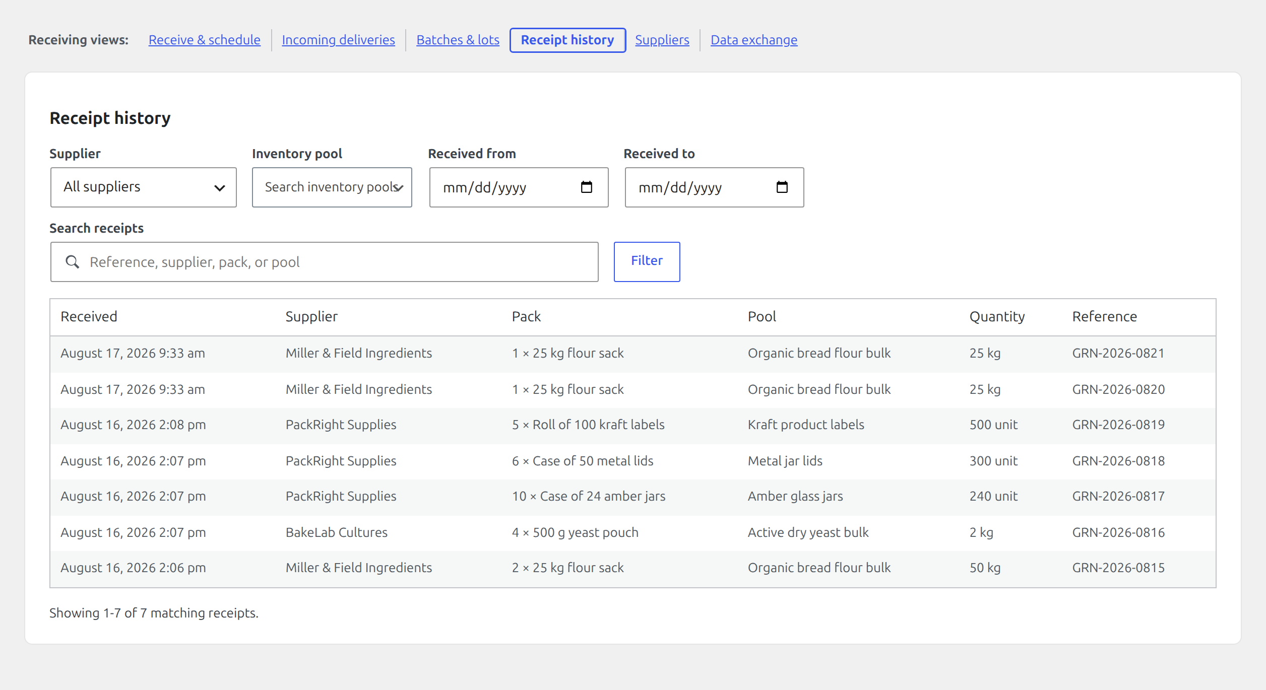 Recent inventory receipts with quantities and costs