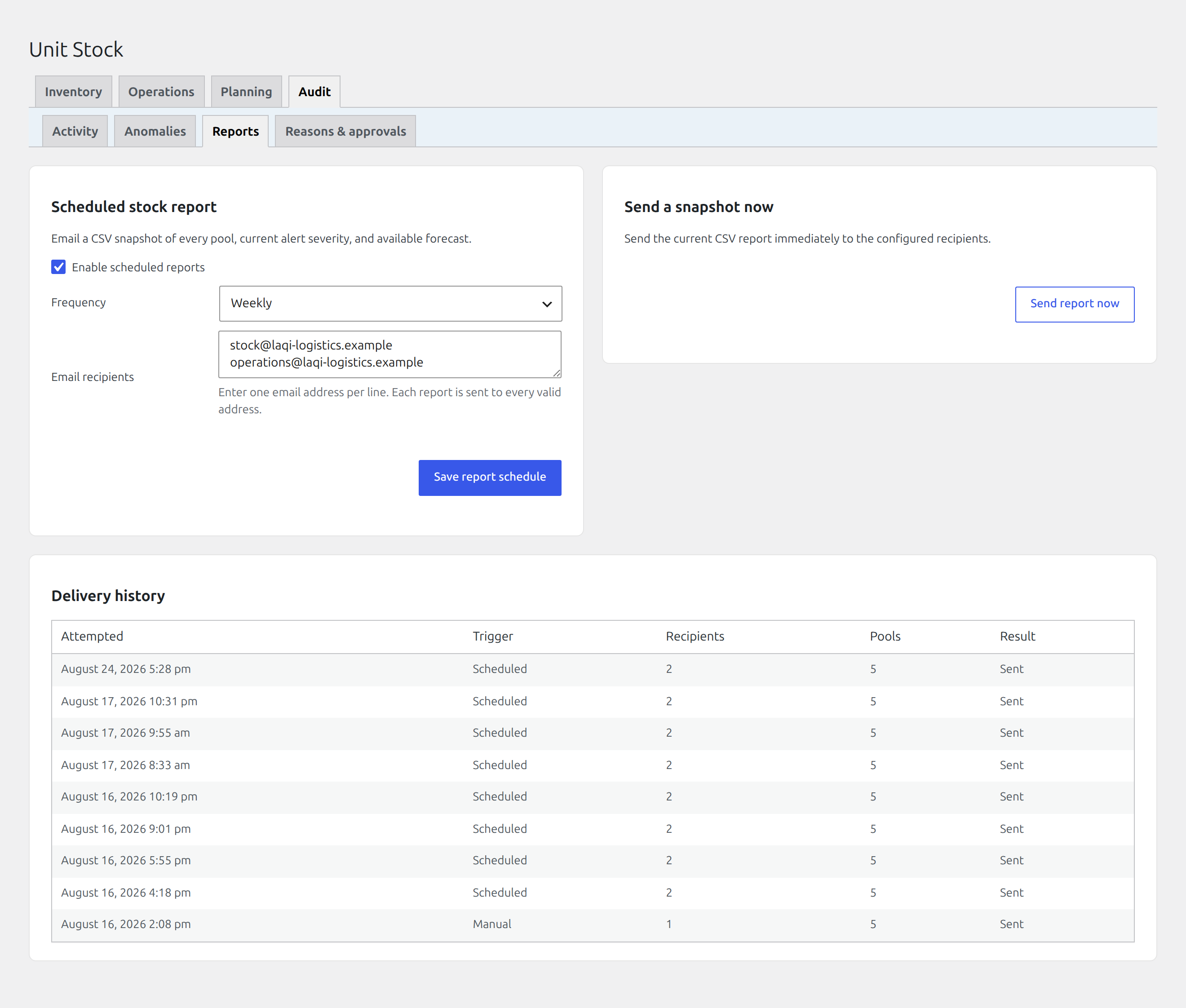 Scheduled inventory report configuration and delivery history