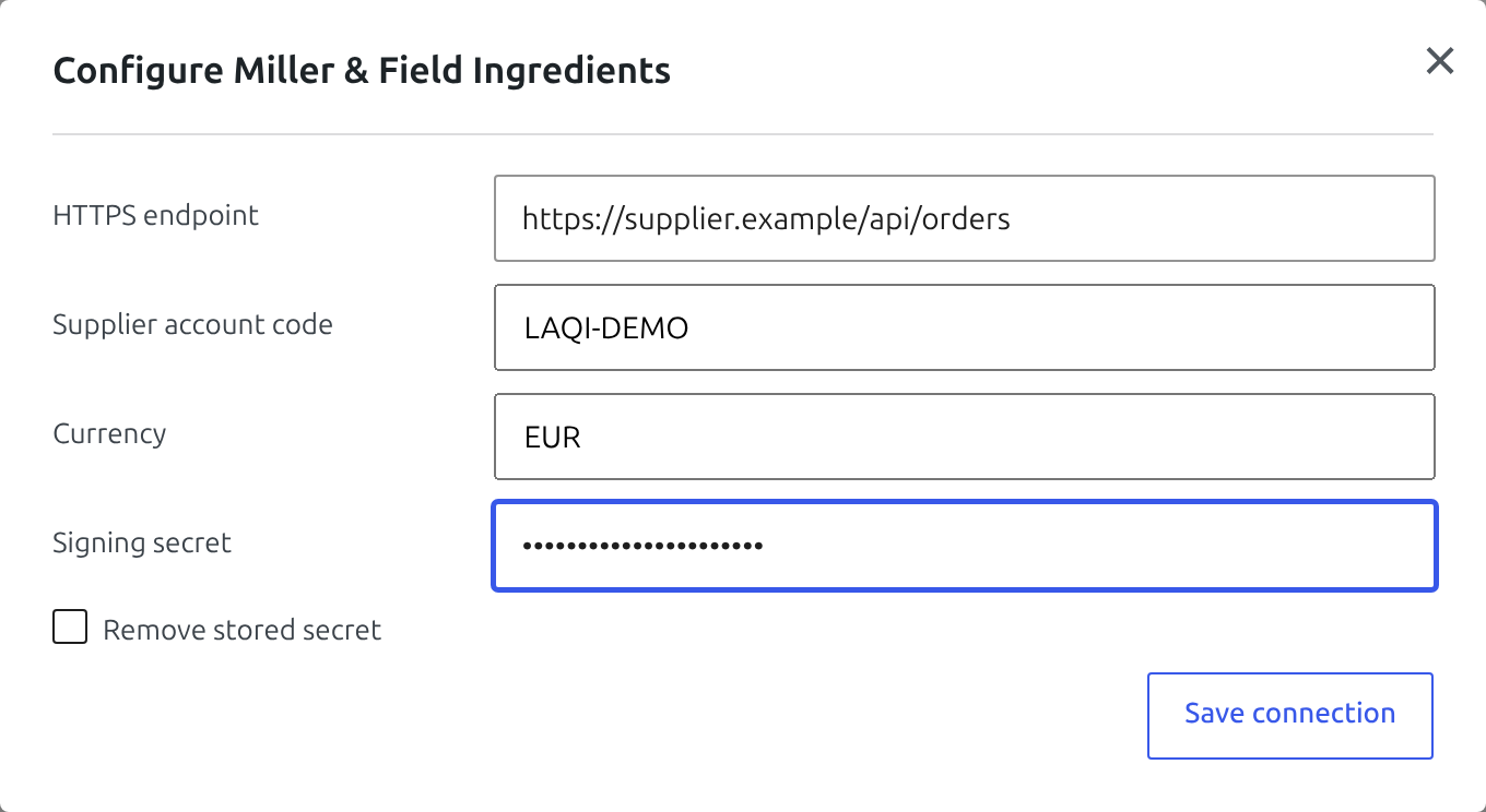 Supplier API connection dialog with HTTPS endpoint, account code, currency, and signing secret