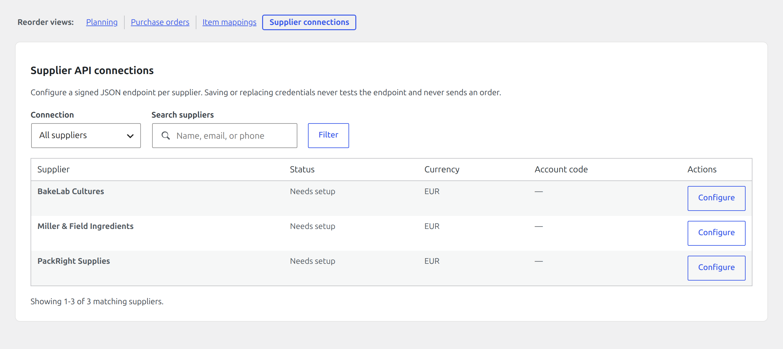 Supplier connection directory in the Reorder workspace