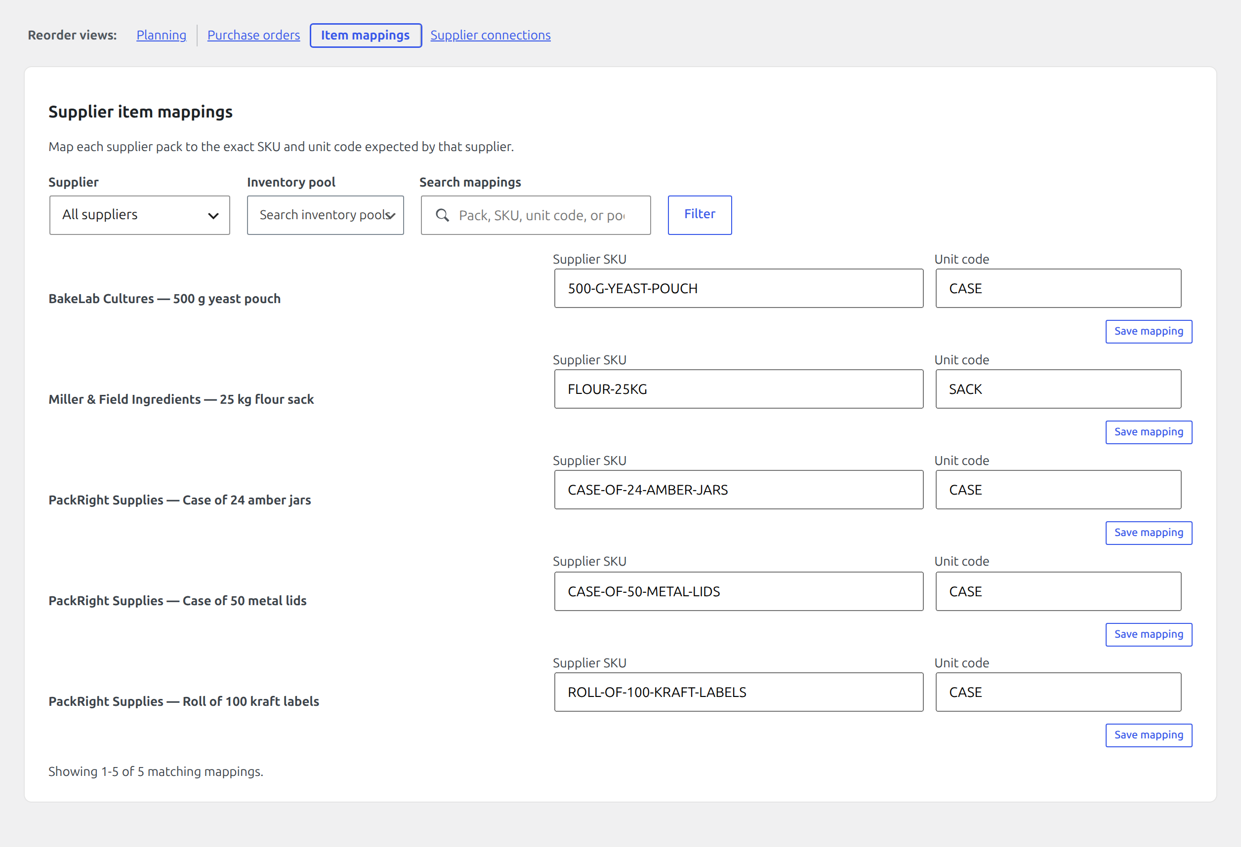 Supplier item mappings with SKU and unit-code fields