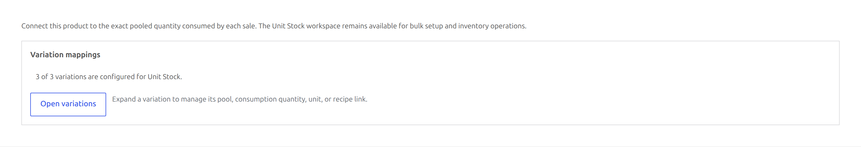 Unit Stock Product data summary reporting that all three product variations have mappings