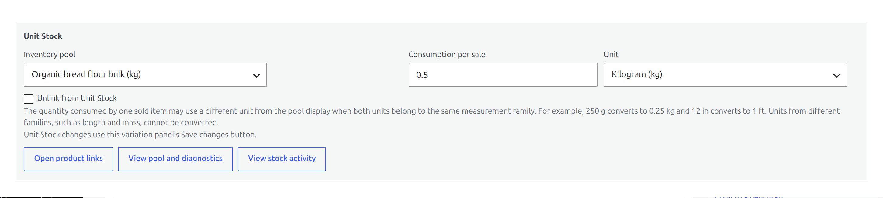 Expanded 500 gram WooCommerce product variation with its Unit Stock pool and consumption controls