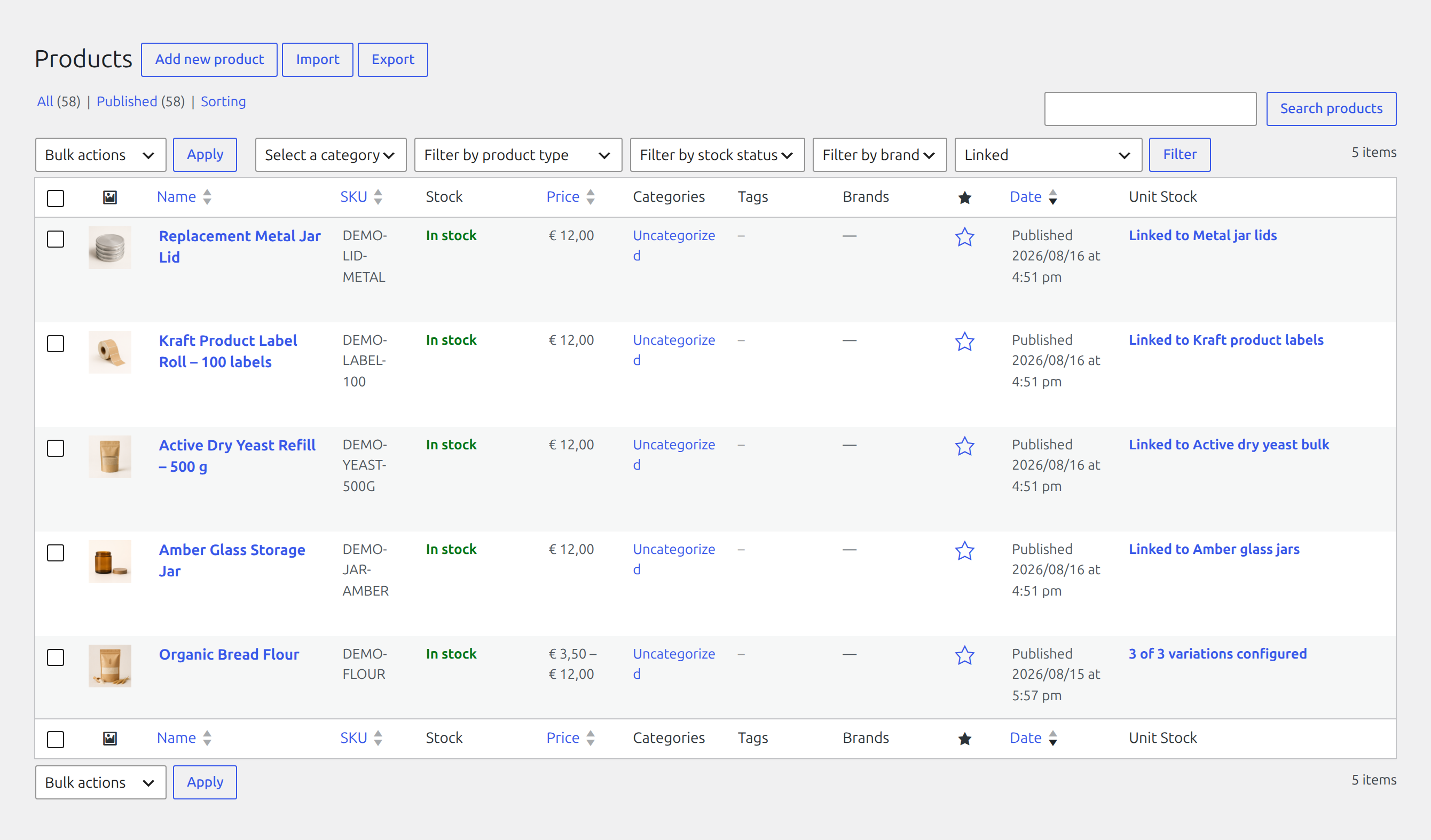 WooCommerce Products list with a Unit Stock status column and filters for linked, partially configured, and unlinked products