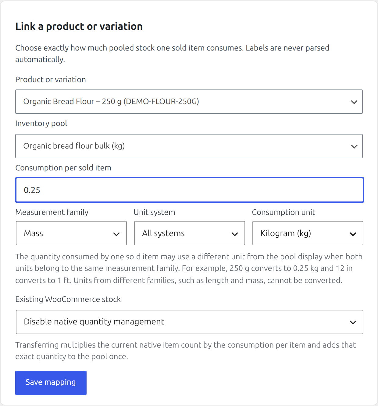 Product mapping form linking a 250 gram flour variation to the shared kilogram pool with consumption entered as 250 grams