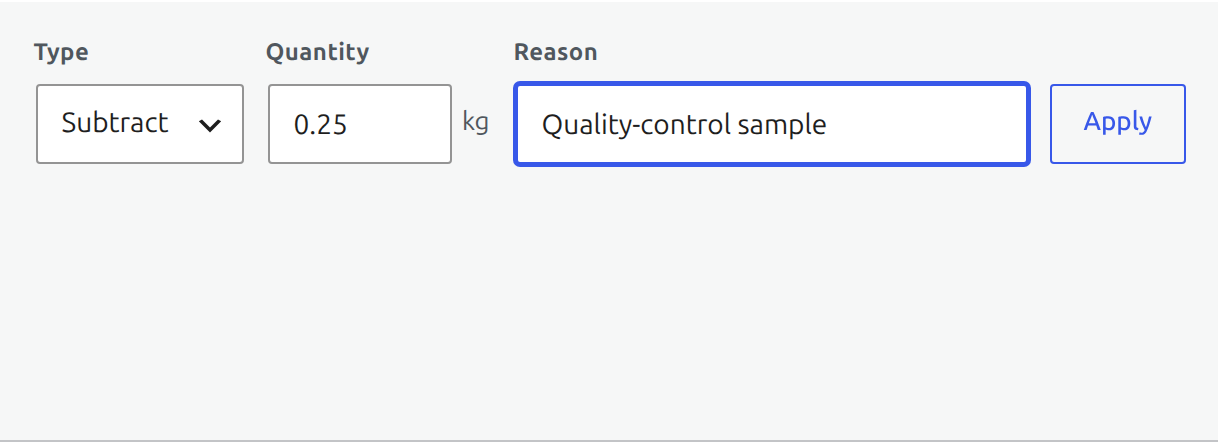 Manual stock subtraction form filled with a 0.25 kilogram quality-control sample adjustment