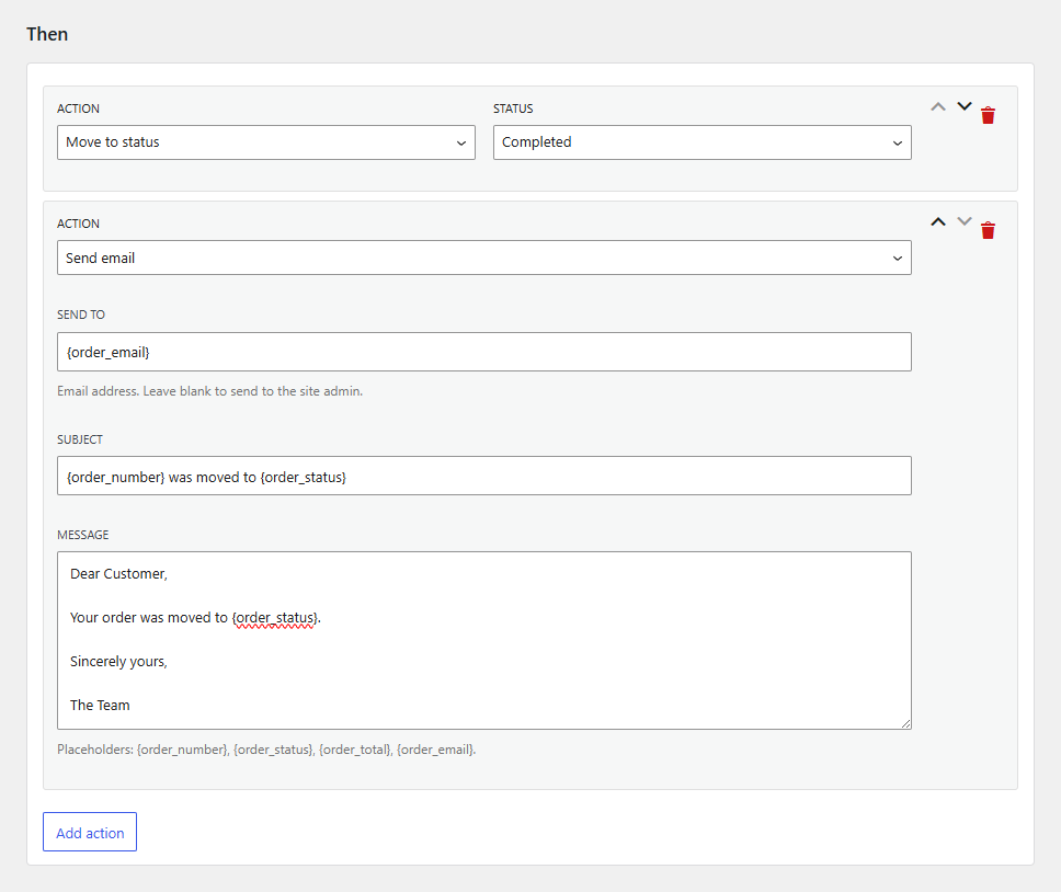 Order Status Automation: Stack several actions that run in order