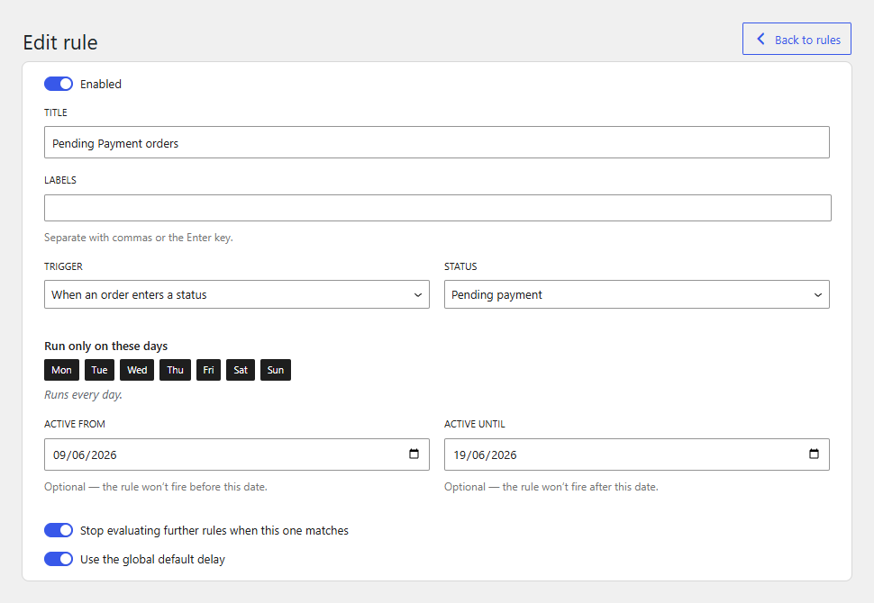 Order Status Automation: Name it, pick the trigger, and set when it can run